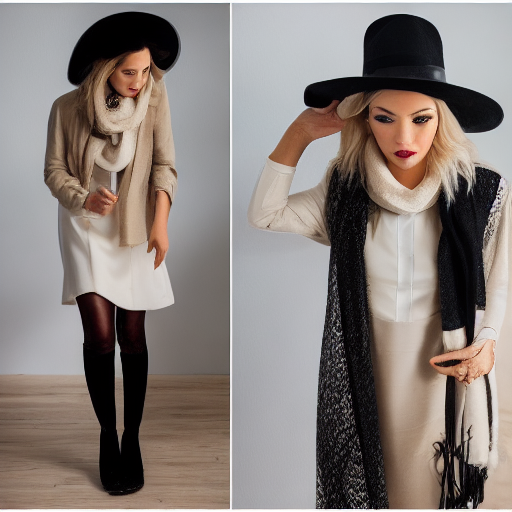 AI generated: Stable Diffusion prompt: White hair modelo with a beige and black modern d... (Stable Diffusion - Fashion)