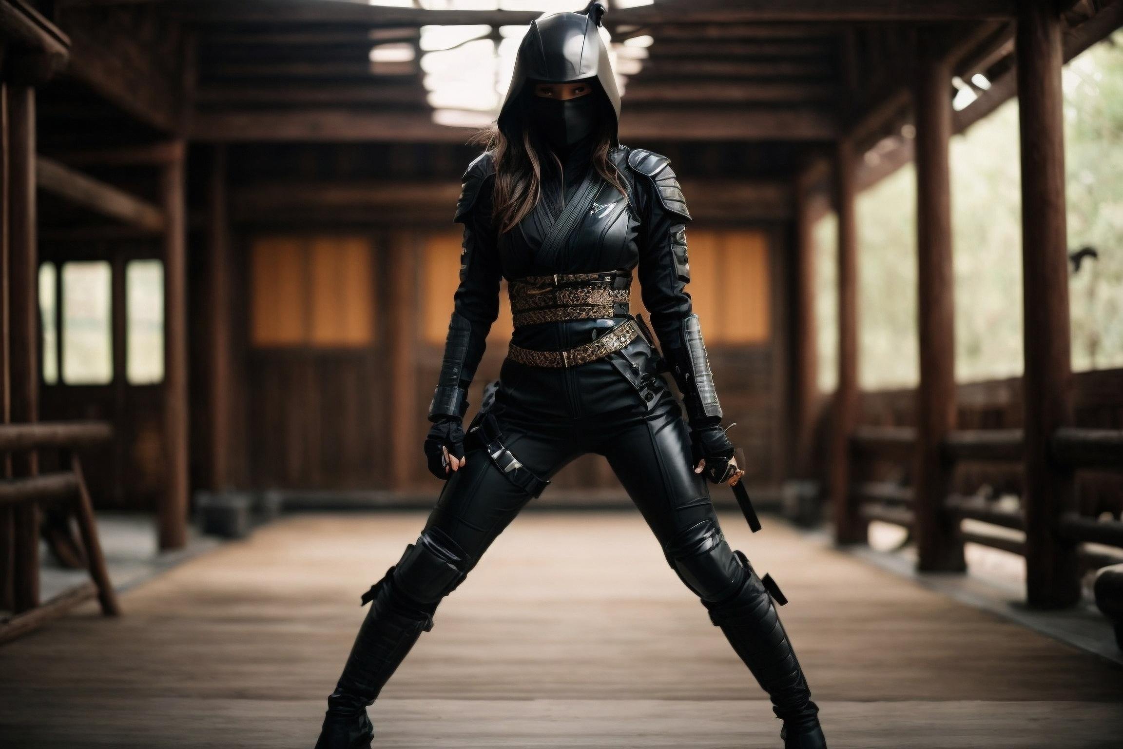 Midjourney prompt: A fierce female ninja, clad in an ultra tight cats... - Midjourney