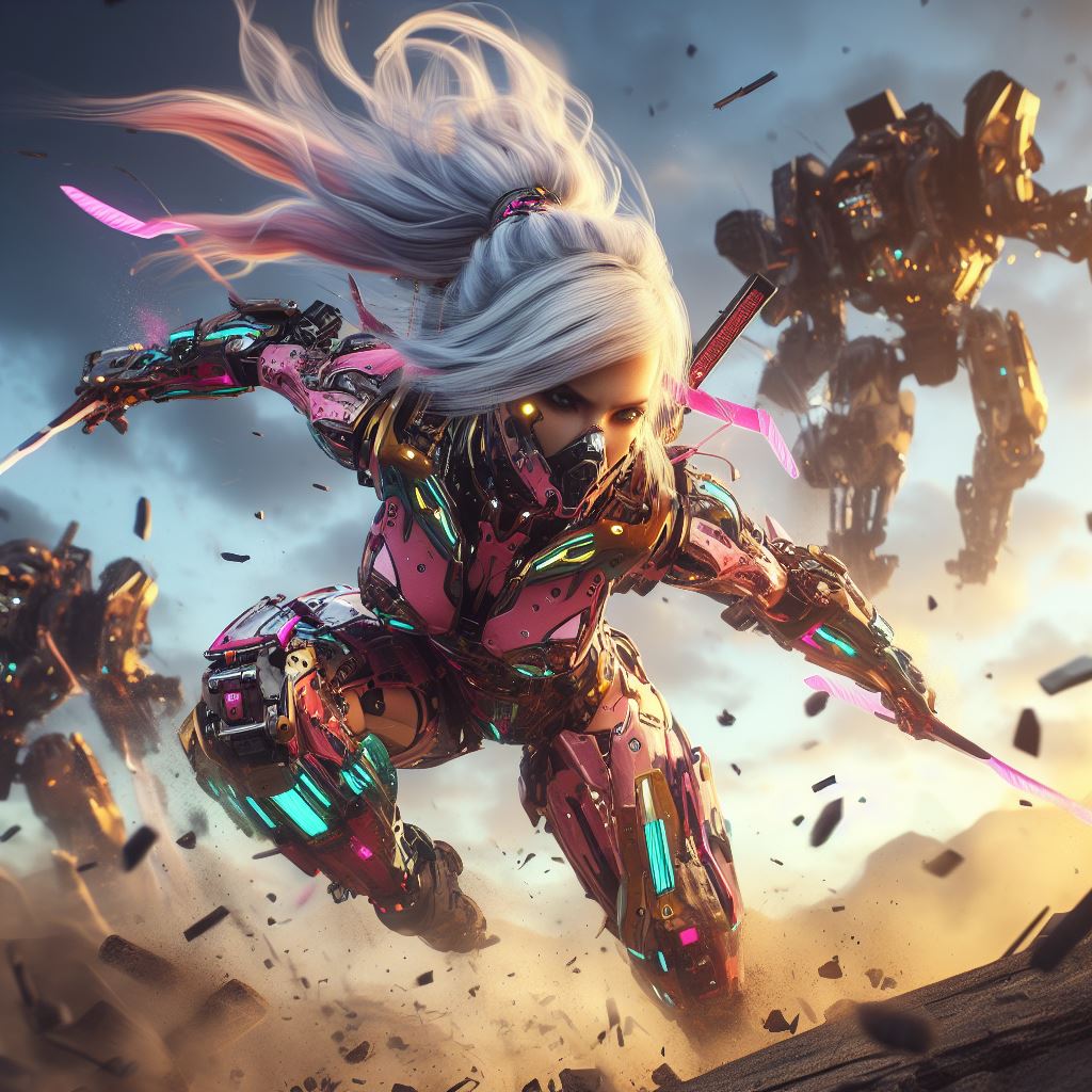 AI generated: DALL·E prompt: urbanpunk, low angle shot, a pretty cyborg ninja w... (DALL·E - Anime)