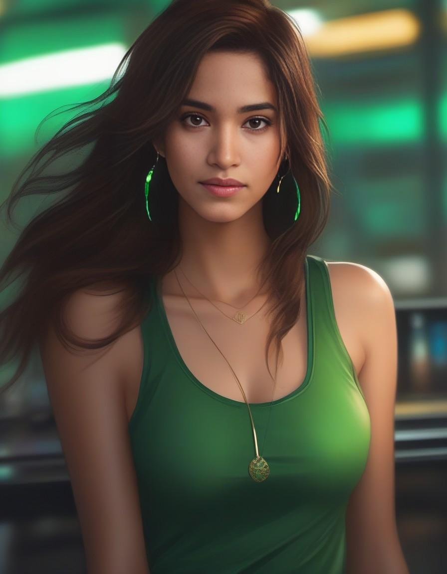 Midjourney prompt: girl with green hair highlights in tank top, long ... - Midjourney