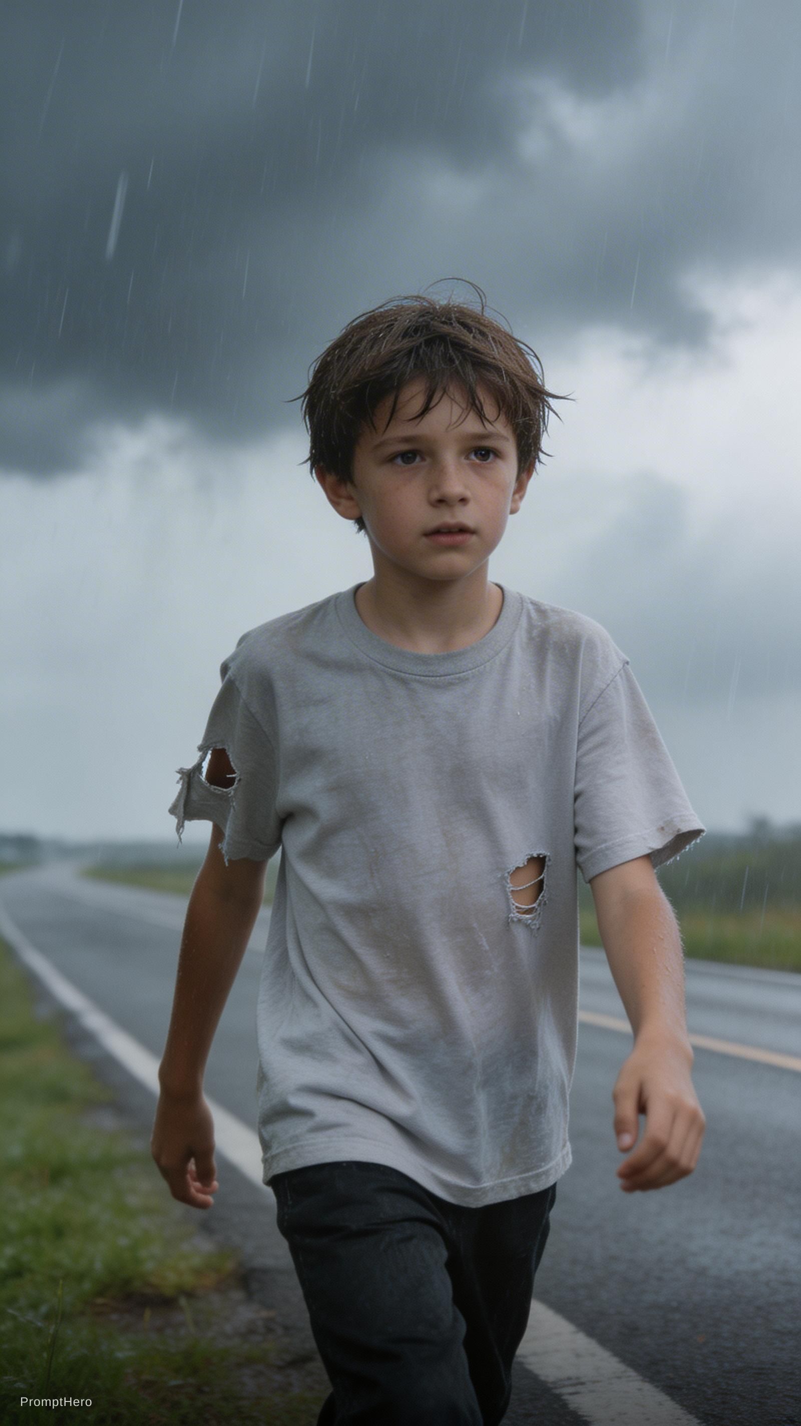 صورة مولدة بالذكاء الاصطناعي: Seedream 5 prompt: A 10-year-old boy, wearing a torn T-shirt, is walk... (نموذج Seedream 5 - صور شخصية)