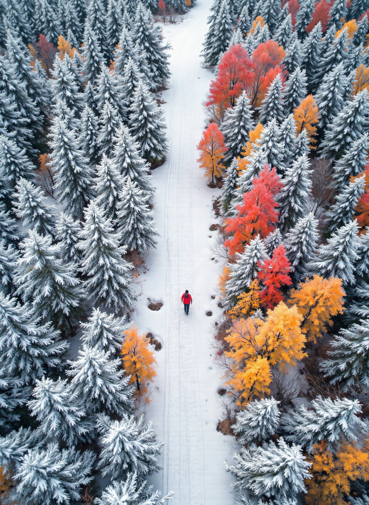 AI generated: FLUX prompt: The image is an aerial view of a snowy forest land... (FLUX - Portraits)
