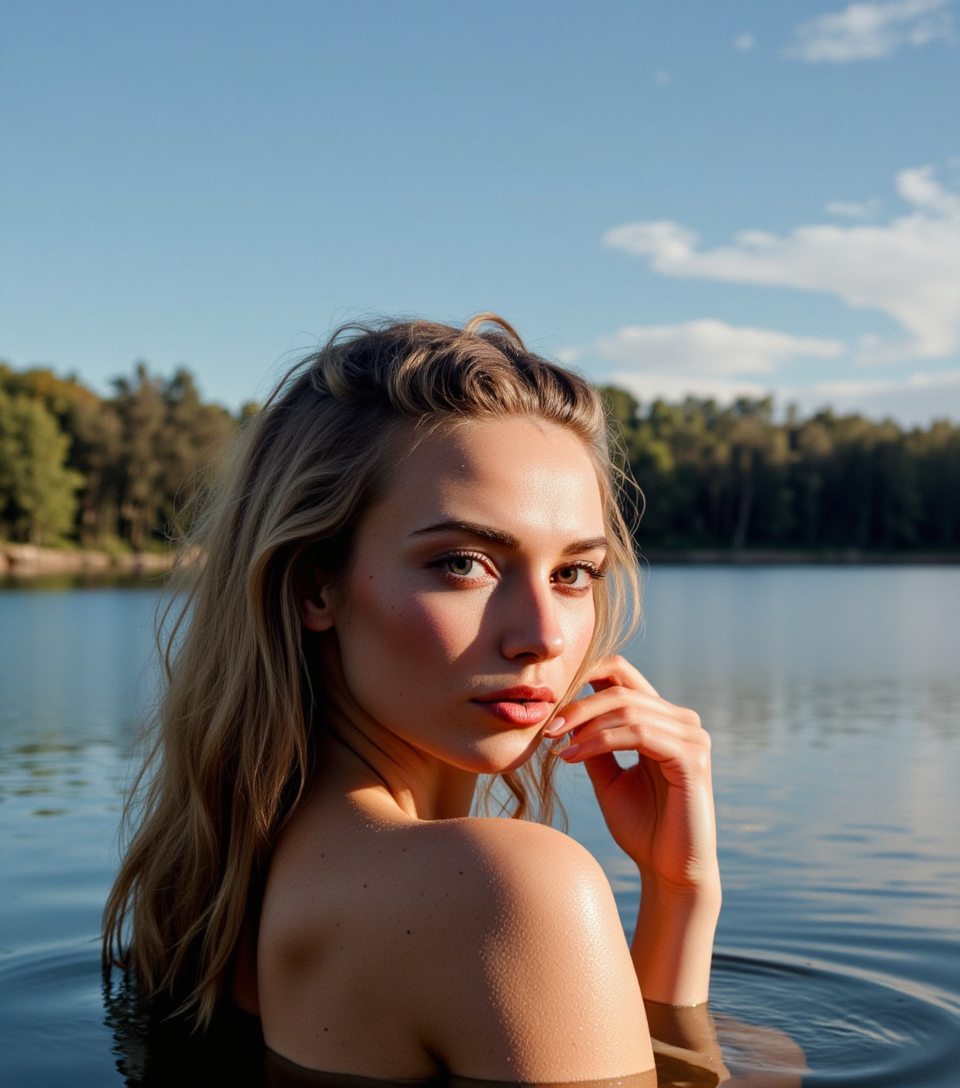 AI generated: FLUX prompt: A woman stands in a serene lake, her back to the v... (FLUX - Photography)