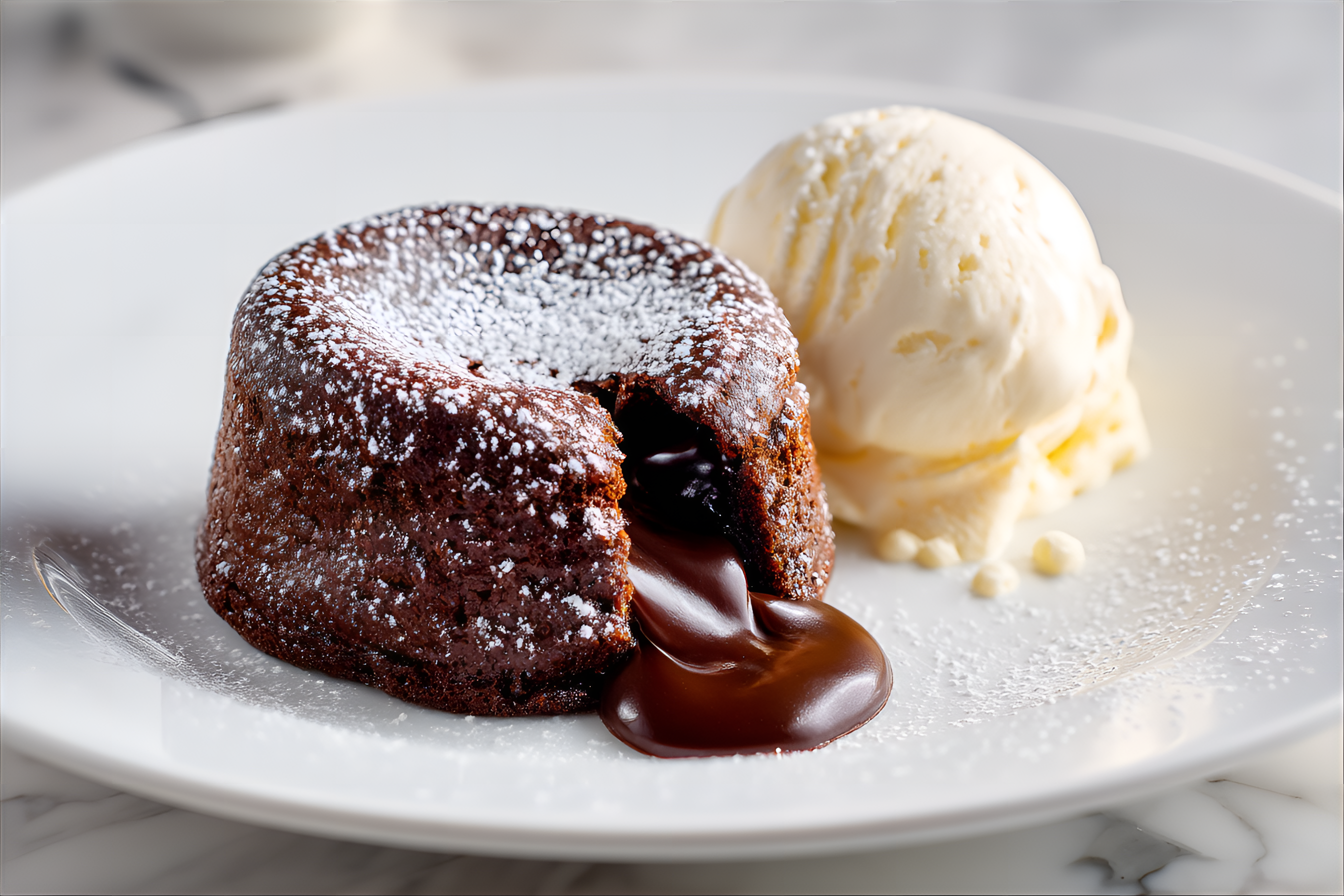 صورة مولدة بالذكاء الاصطناعي: Midjourney prompt: decadent chocolate lava cake on a pristine white p... (نموذج Midjourney - فن مفاهيمي)