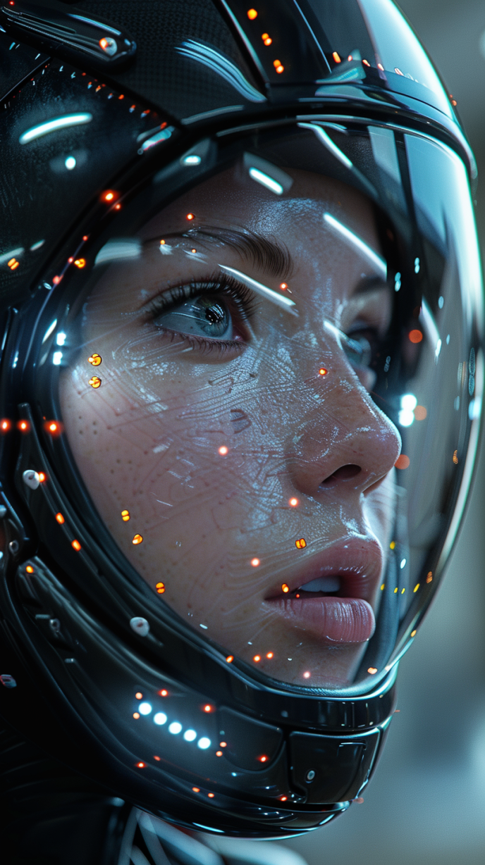 AI generated: Midjourney prompt: woman in a high-tech cyberpunk helmet with a shin... (Midjourney - Photography)