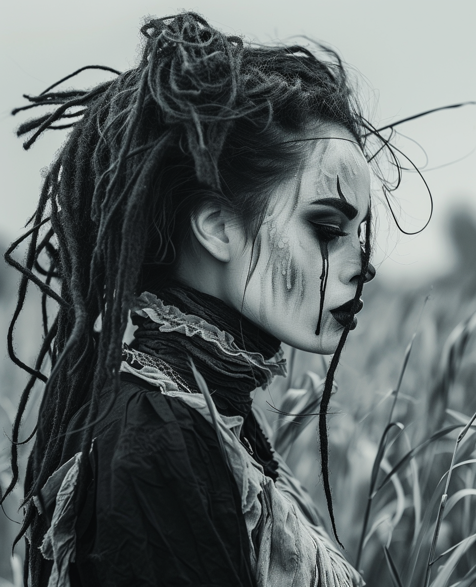 AI generated: Midjourney prompt: a woman with dread locks and makeup is in the fiel... (Midjourney - Portraits)