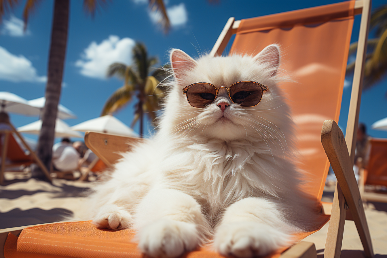 AI generated: Midjourney prompt: a small white kitten on a blue hammock and a palm ... (Midjourney - Animals & Nature)