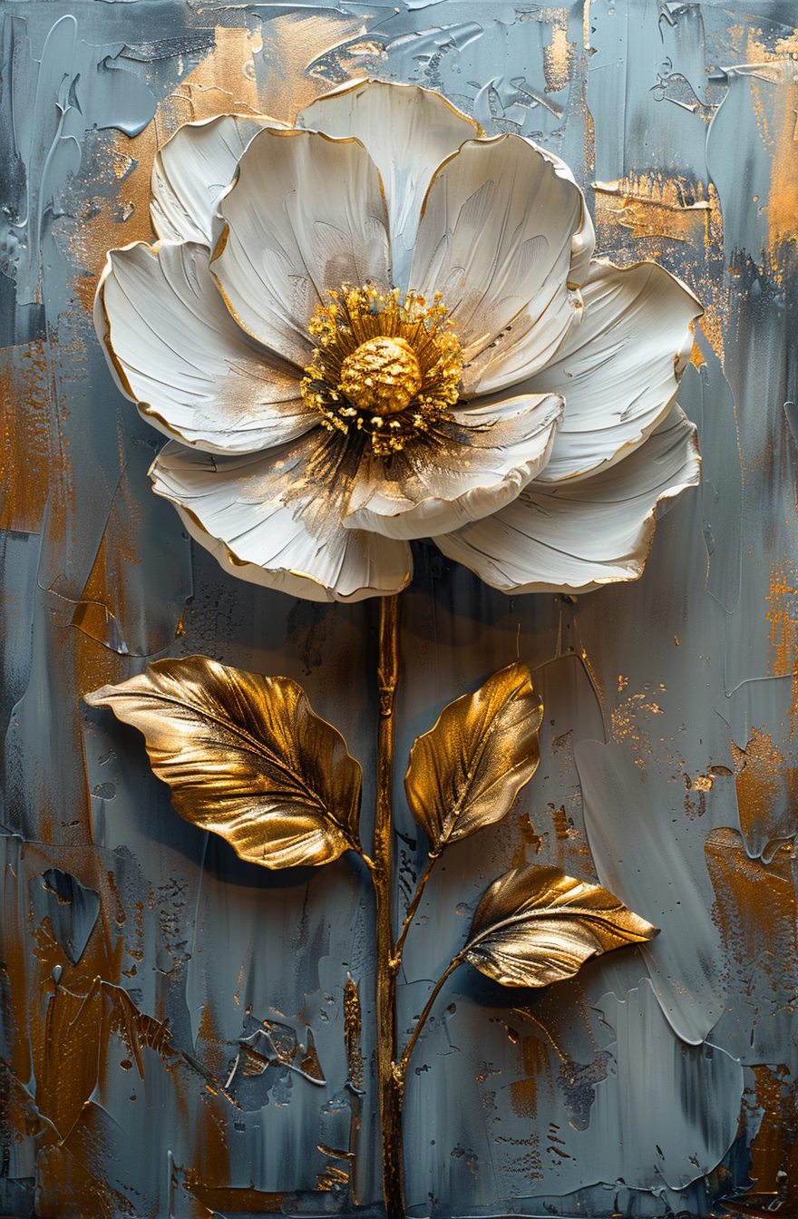 AI generated: Midjourney prompt: white and gold flower painting on a gray backgroun... (Midjourney - Concept Art)