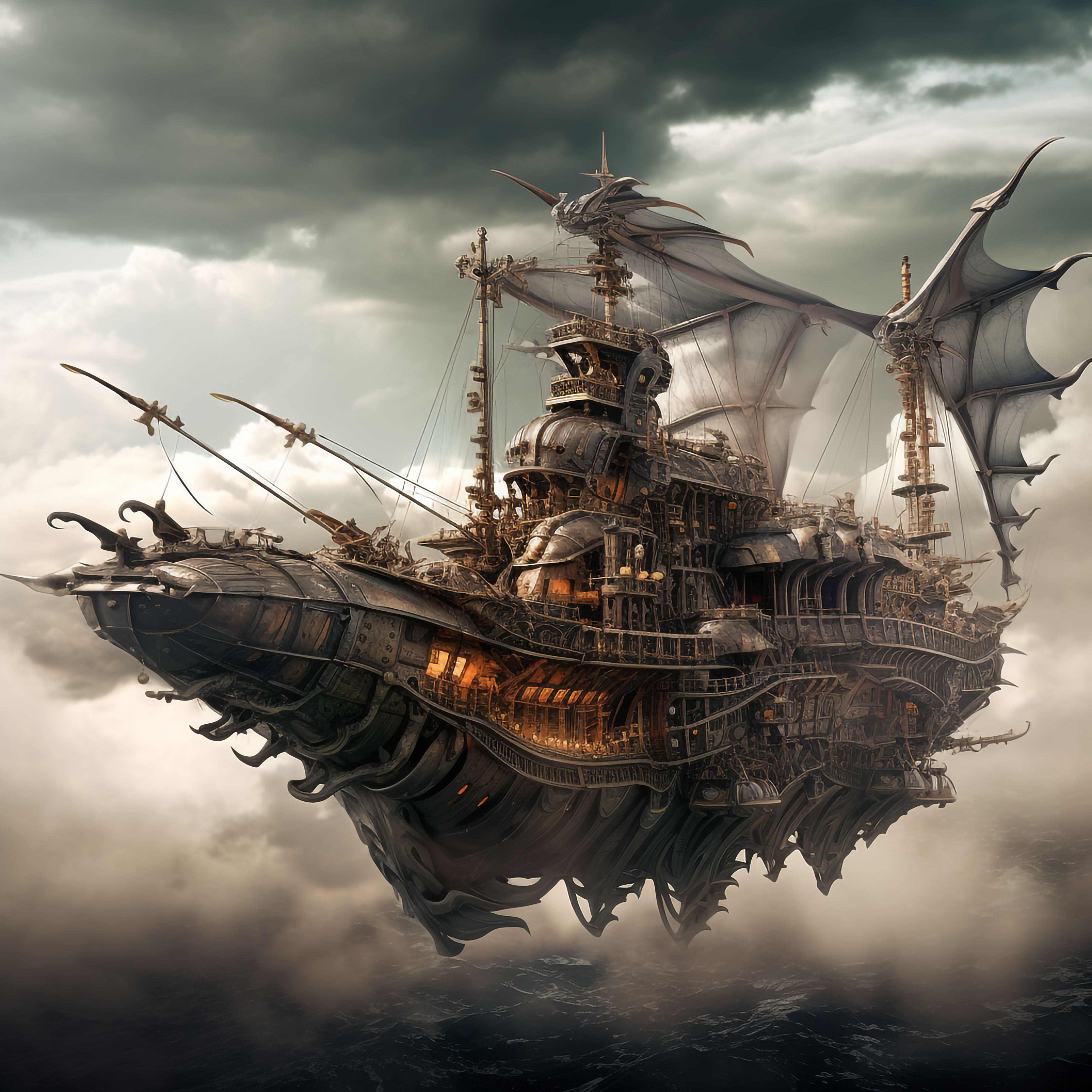 صورة مولدة بالذكاء الاصطناعي: Midjourney prompt: an old steampunk ship looking like_a dragon fly, b... (نموذج Midjourney - فن مفاهيمي)