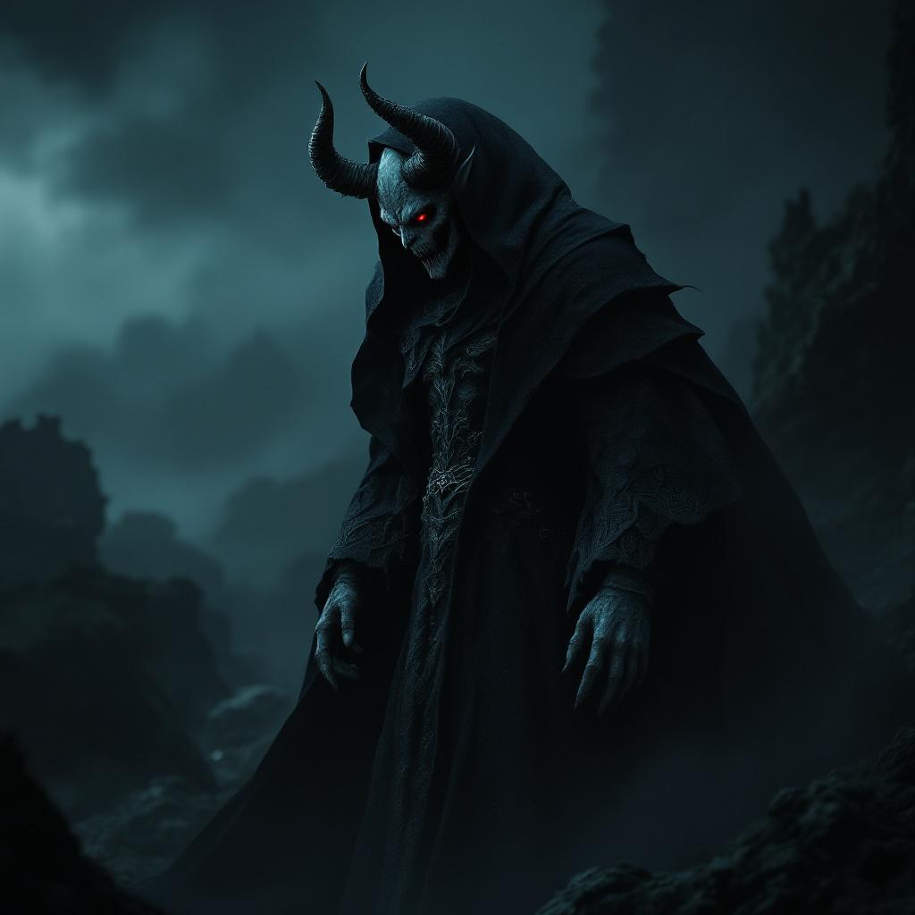 FLUX prompt: demonic figure, dark robe with intricate det...