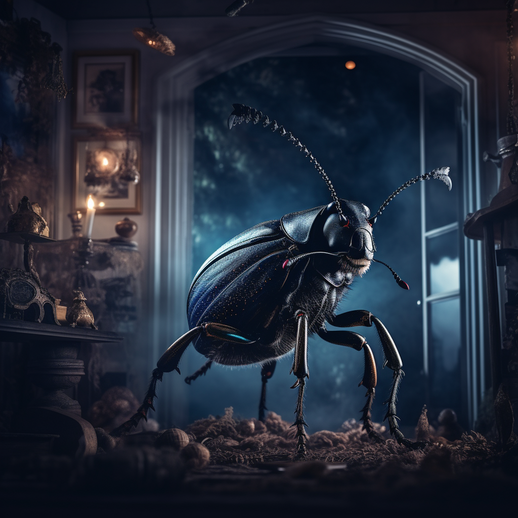 AI generated: Midjourney prompt: giant beetle two meters long in a dark room with d... (Midjourney - 3d Renders)