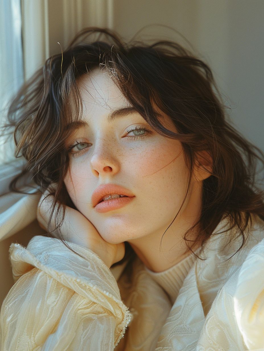 Midjourney prompt: beautiful woman in a white jacket with her head on... - Midjourney