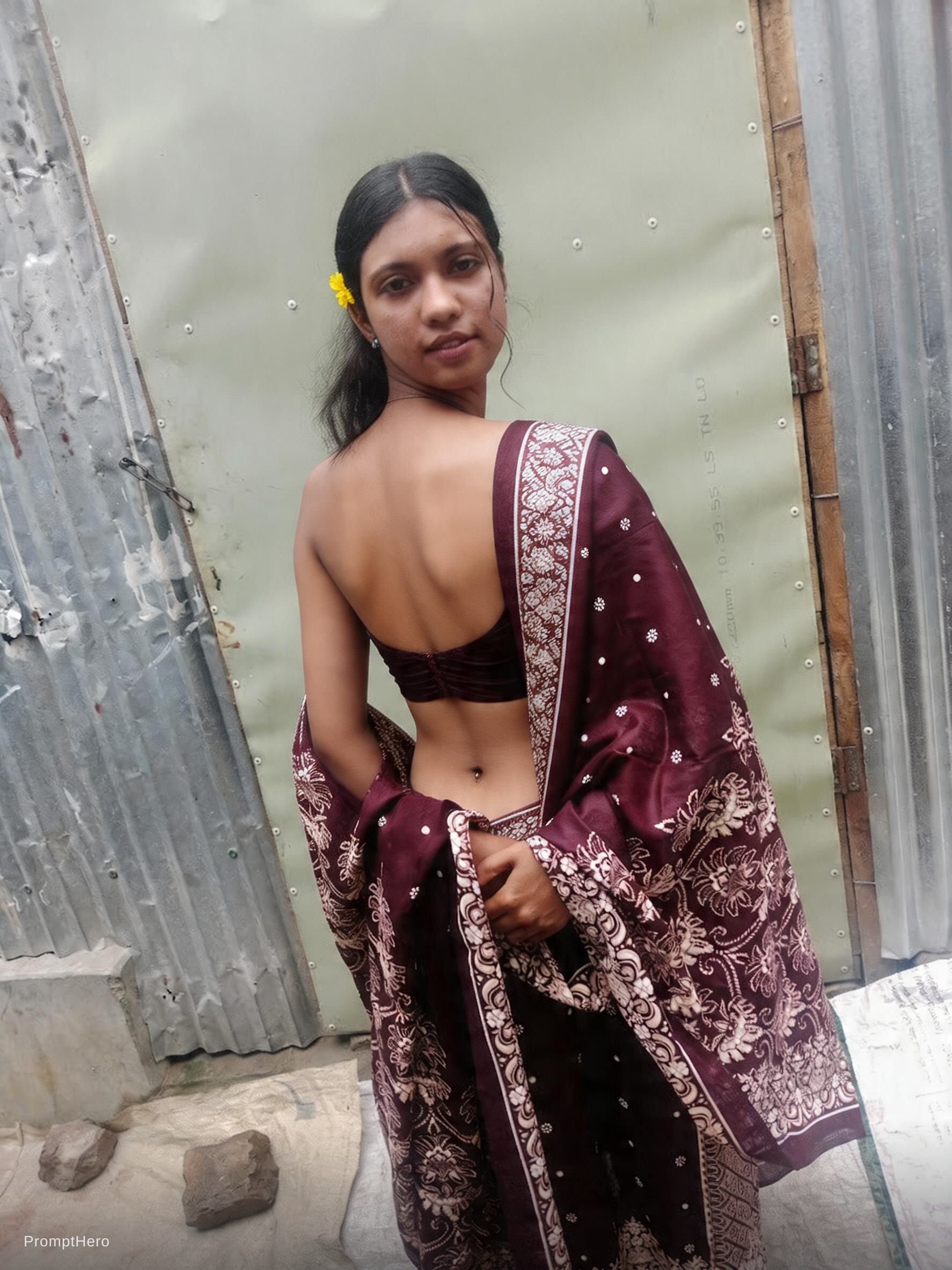 صورة مولدة بالذكاء الاصطناعي: Seedream 5 prompt: Remove her dress. Wearing a back saree. Show her n (نموذج Seedream 5 - فن مفاهيمي)