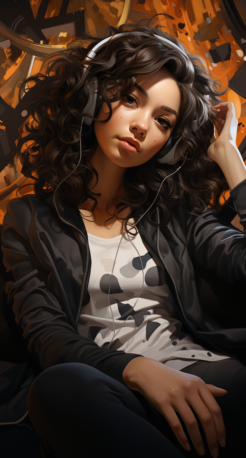 Midjourney prompt: a girl with curly hair sitting on the couch, in th... - Midjourney