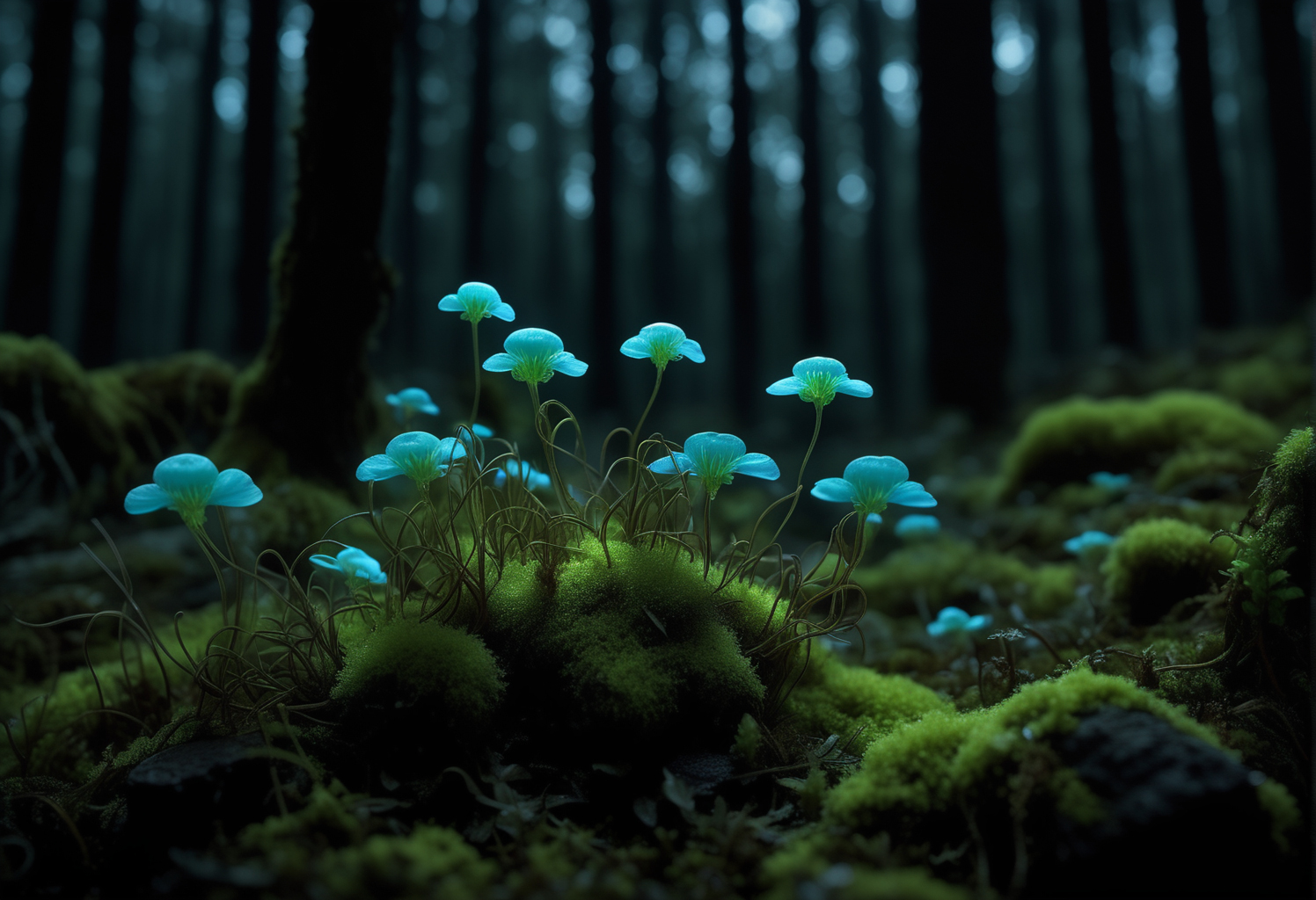 صورة مولدة بالذكاء الاصطناعي: Stable Diffusion prompt: RAW photo of, wild flowers, bioluminescent, in a d... (نموذج Stable Diffusion - تصوير فوتوغرافي)