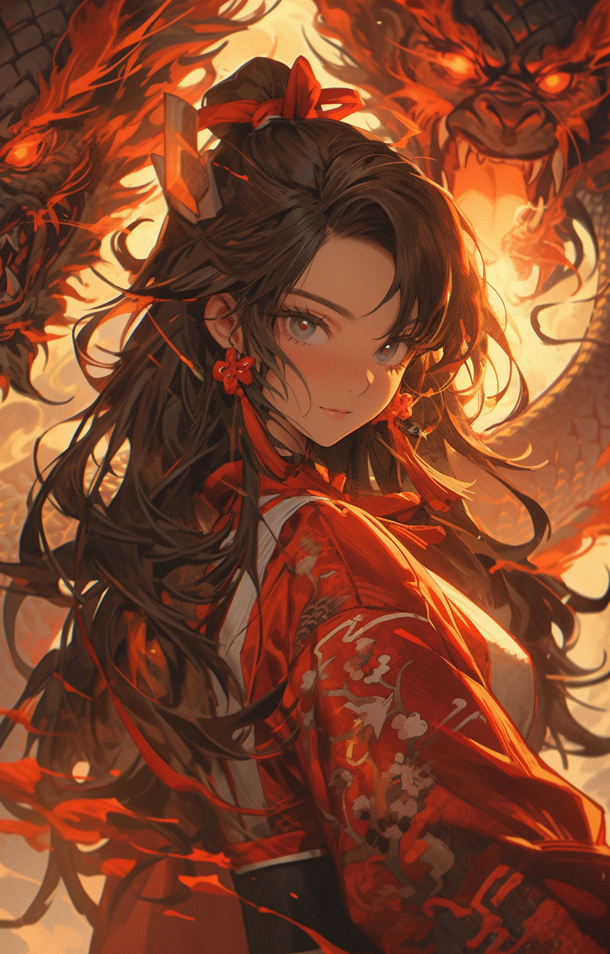 AI generated: Midjourney prompt: a girl standing in front of some fiery clouds, in ... (Midjourney - Anime)
