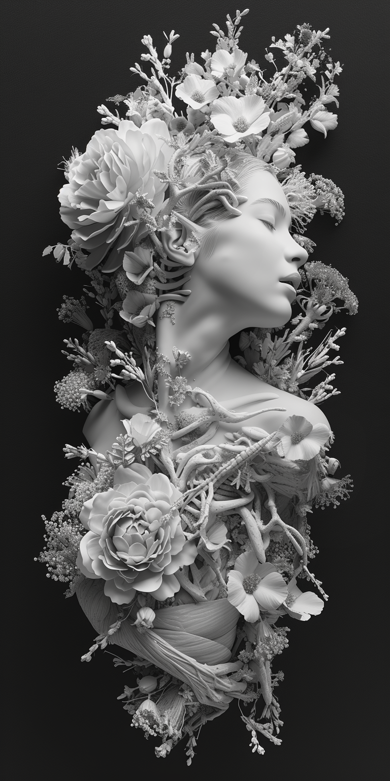 AI generated: Midjourney prompt: 3d woman in flowers with human and flower shaped b... (Midjourney - Portraits)
