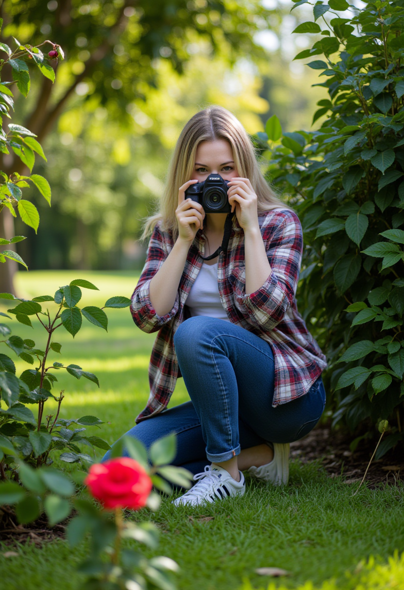 FLUX prompt: A young woman with blonde hair in a casual outfit ... - FLUX