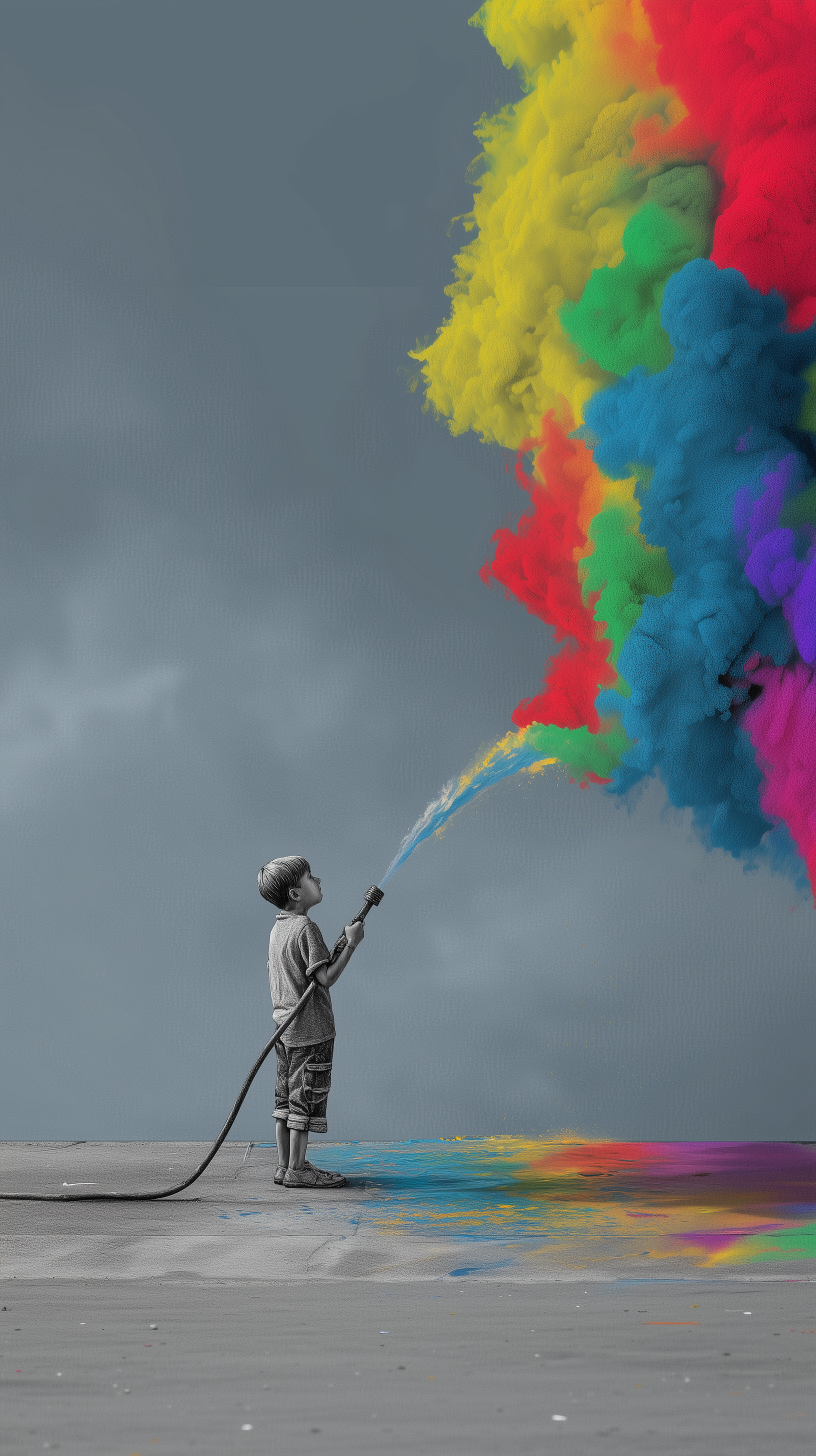 Midjourney prompt: surrealistic artwork, boy hoses water on a monochr... - Midjourney