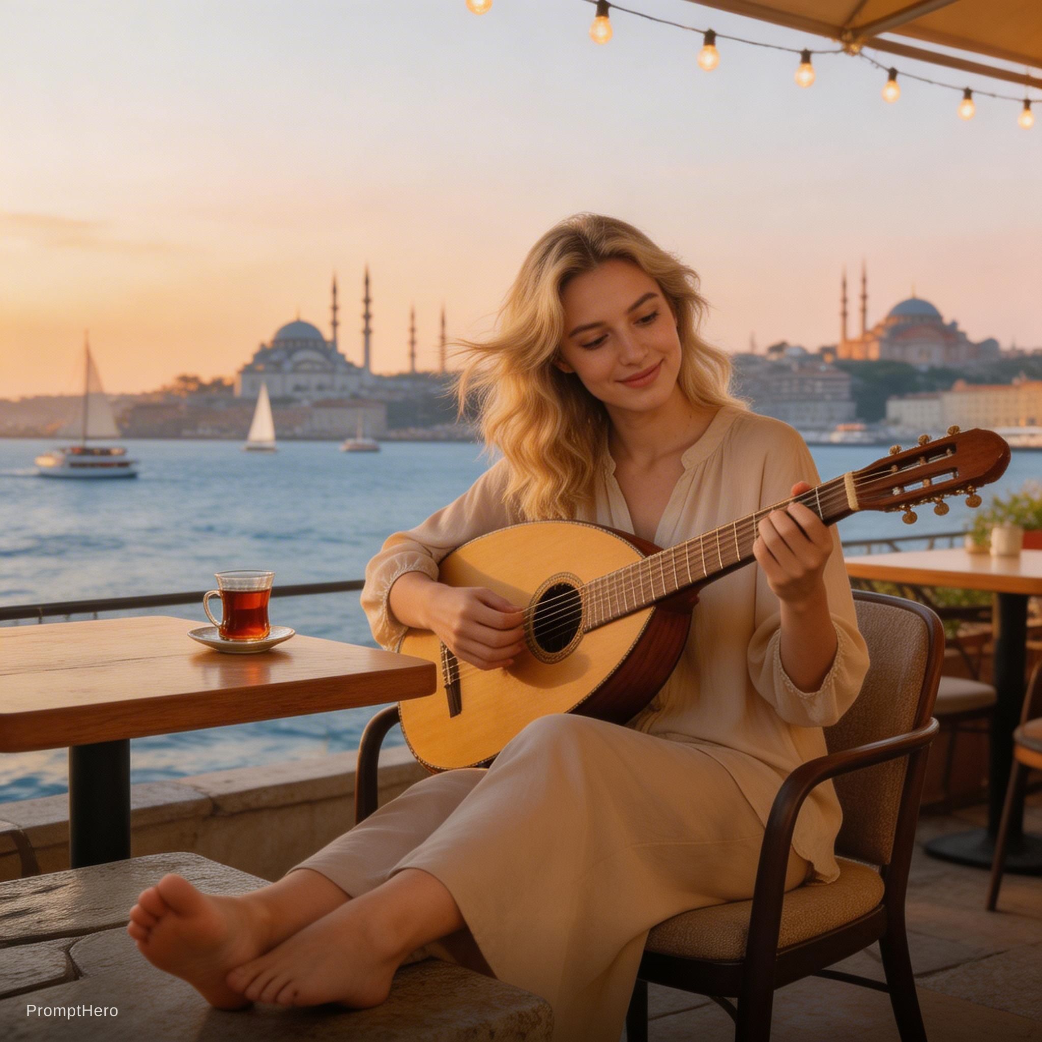 AI generated: Seedream 5 prompt: A beautiful modern blonde Turkish girl sitting at ... (Seedream 5 - Portraits)