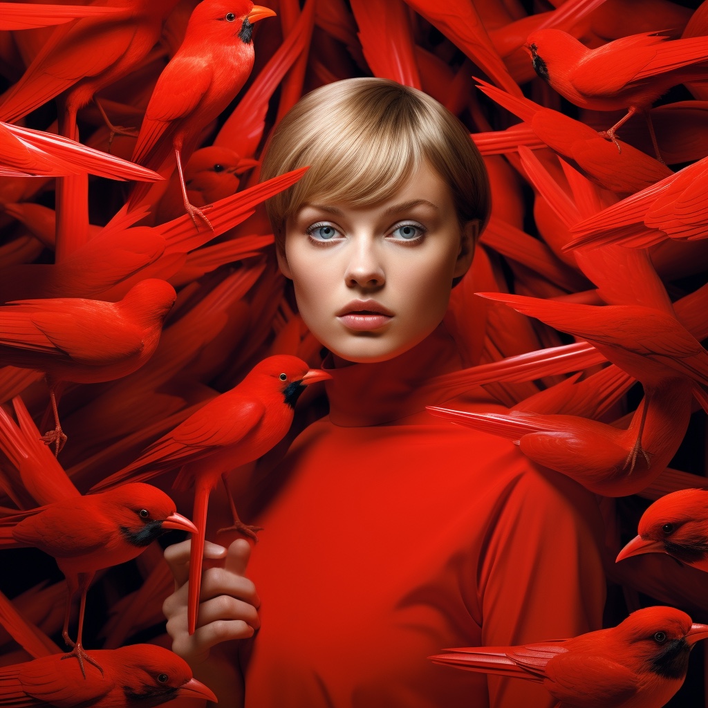 AI generated: Midjourney prompt: woman in red birds around her, in the style of dre... (Midjourney - Photography)