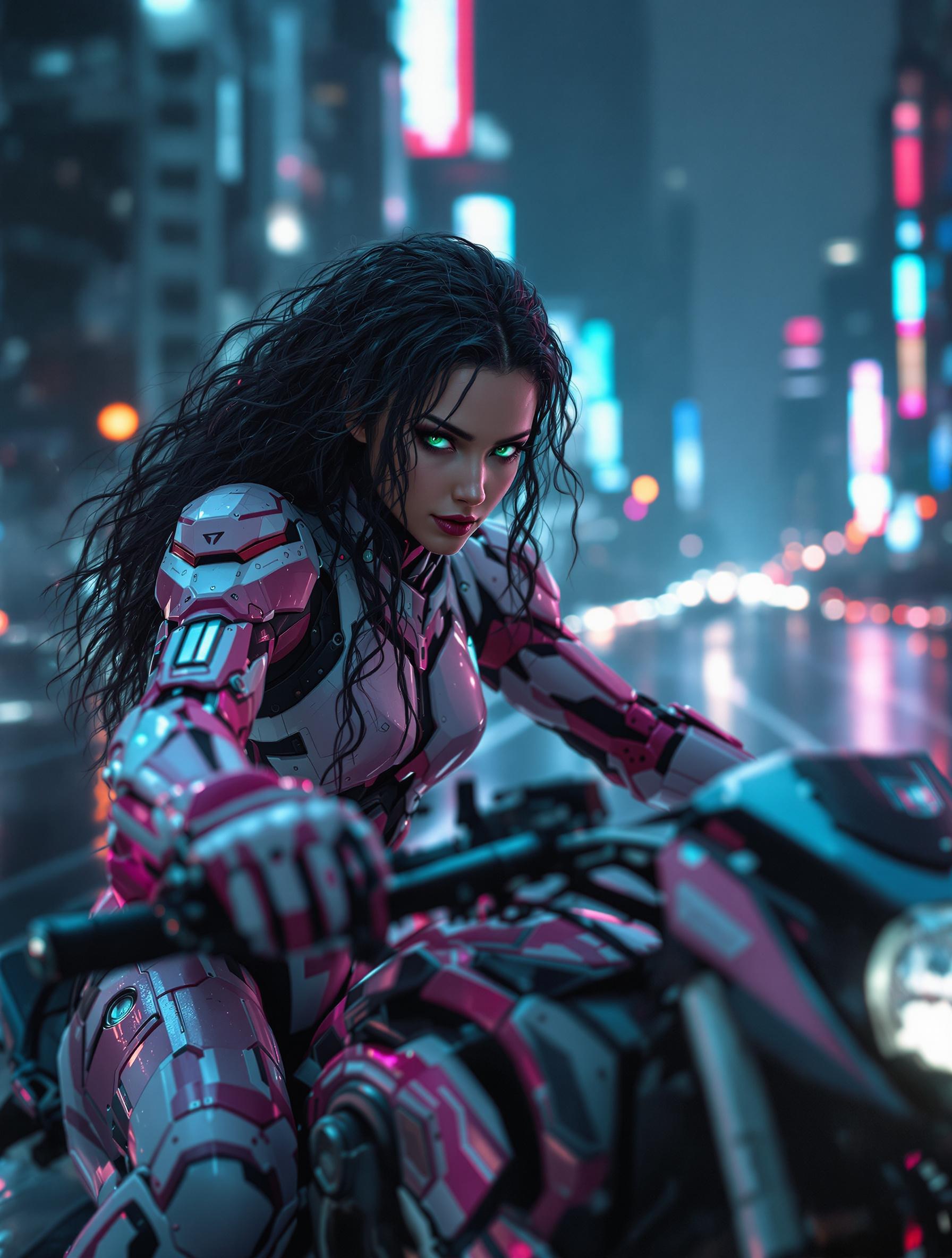 FLUX prompt: a beautiful cyborg woman with long curly black her... - FLUX