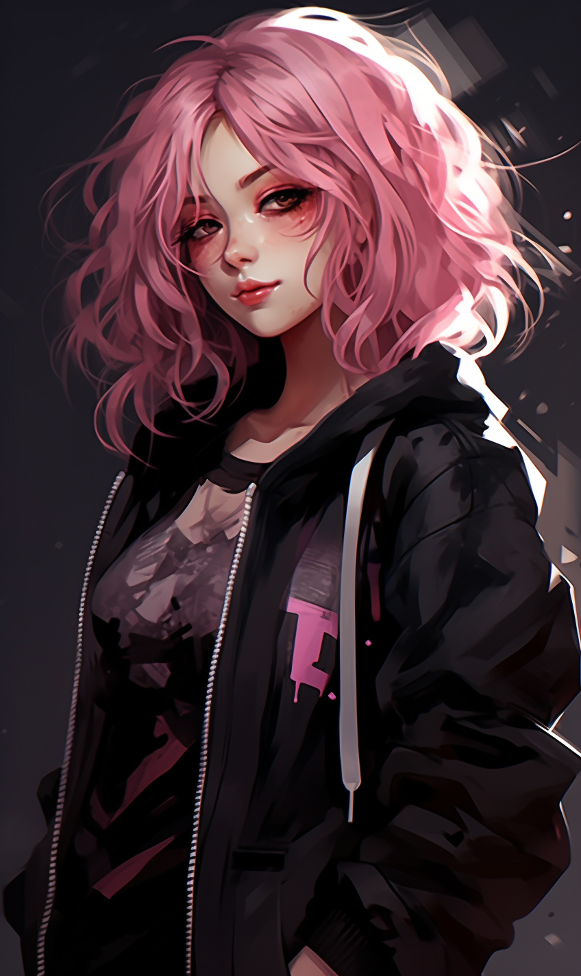 AI generated: Midjourney prompt: A girl in black, pink hair with a smiley face with... (Midjourney - Anime)
