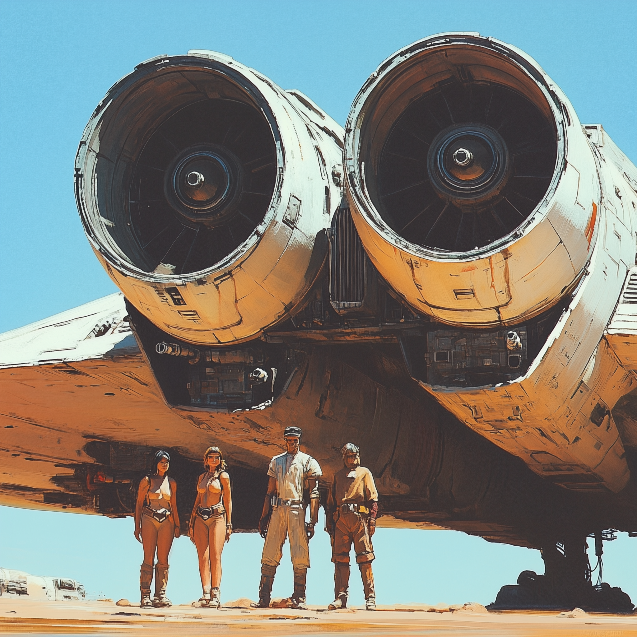 صورة مولدة بالذكاء الاصطناعي: Midjourney prompt: Close-up of three people standing next to a large ... (نموذج Midjourney - فن مفاهيمي)