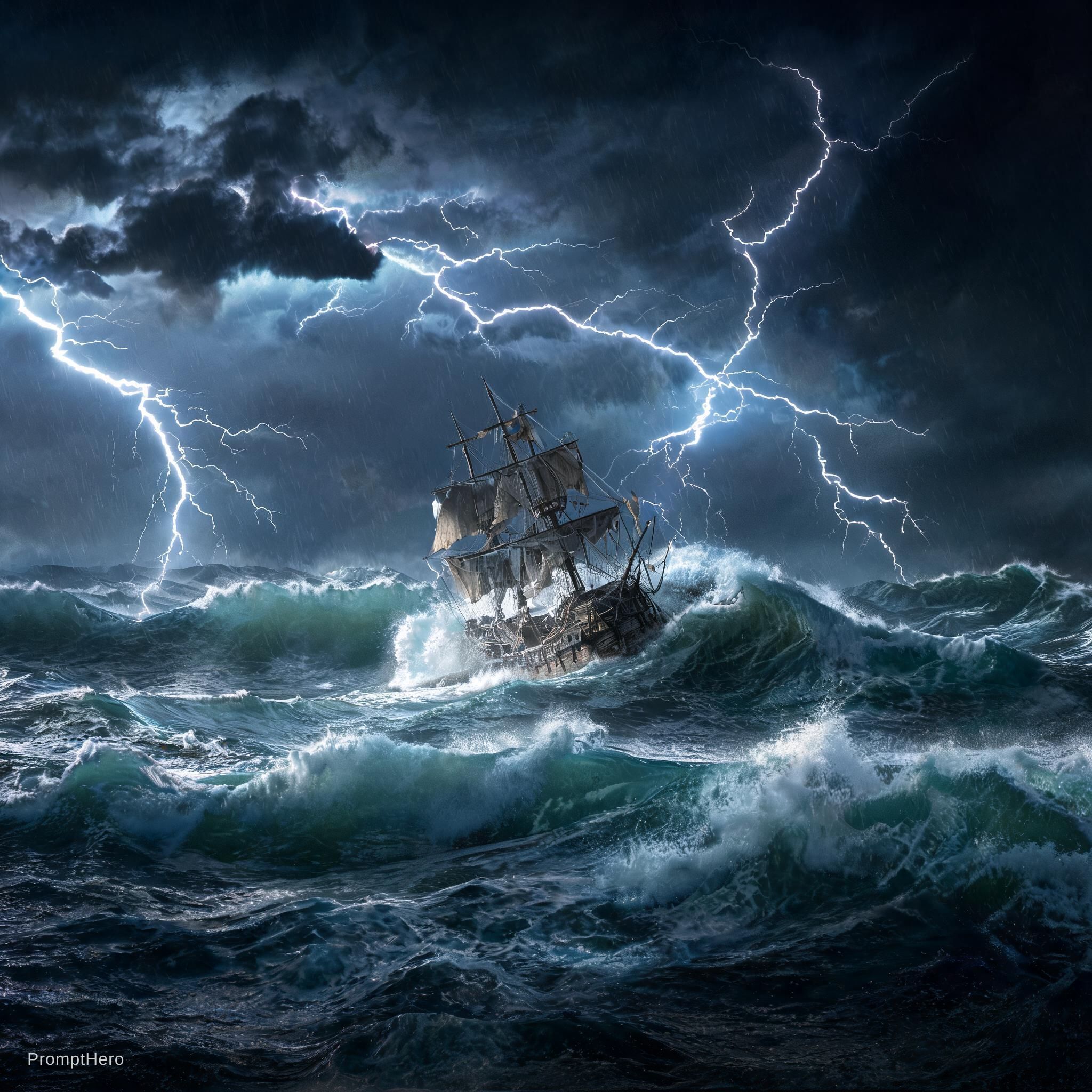 صورة مولدة بالذكاء الاصطناعي: Seedream 5 prompt: A lost, damaged sailing ship struggling to stay af... (نموذج Seedream 5 - مناظر طبيعية)