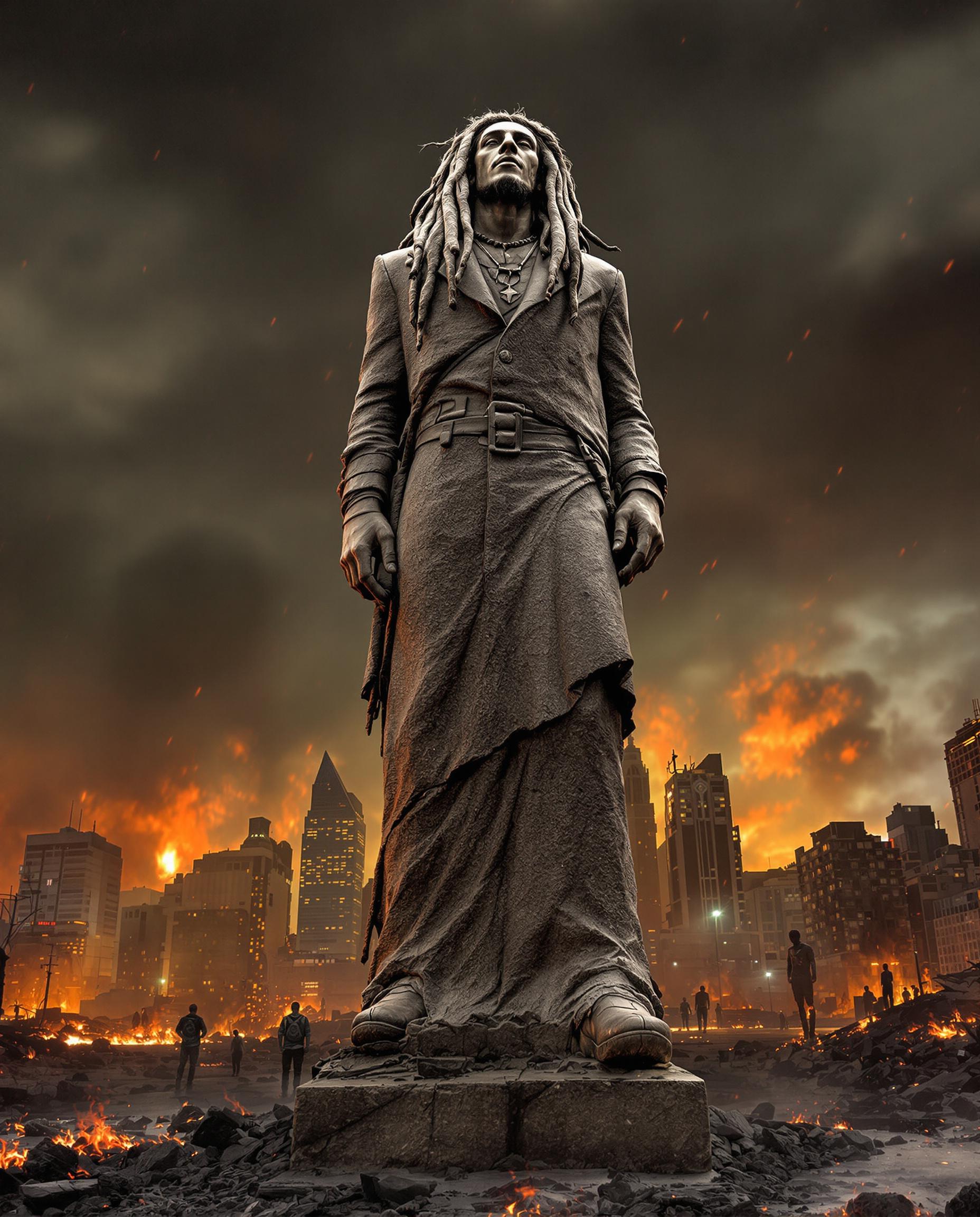 AI generated: FLUX prompt: A granite statue of Bob Marley, stands alone in a ... (FLUX - Concept Art)