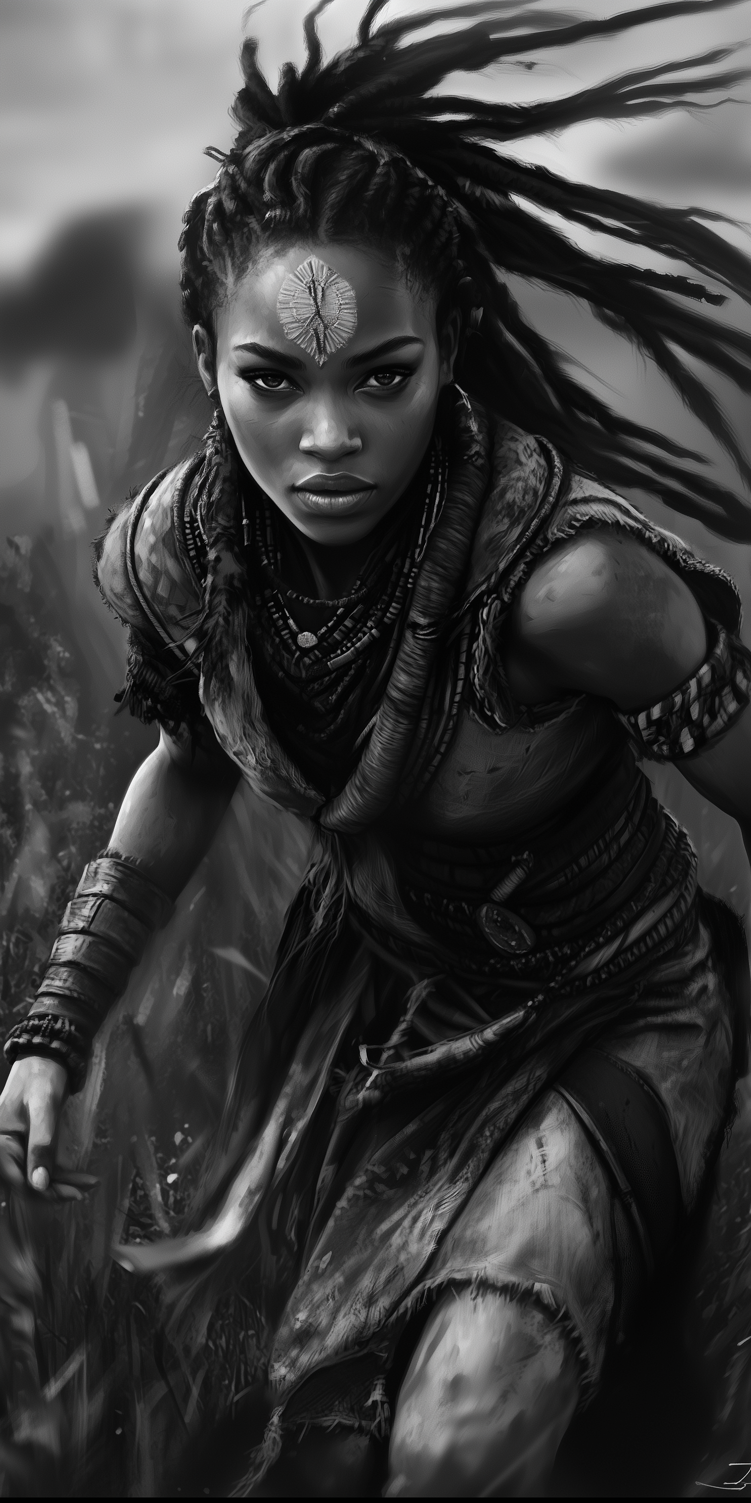 Midjourney prompt: A black and white digital painting of an African w... - Midjourney