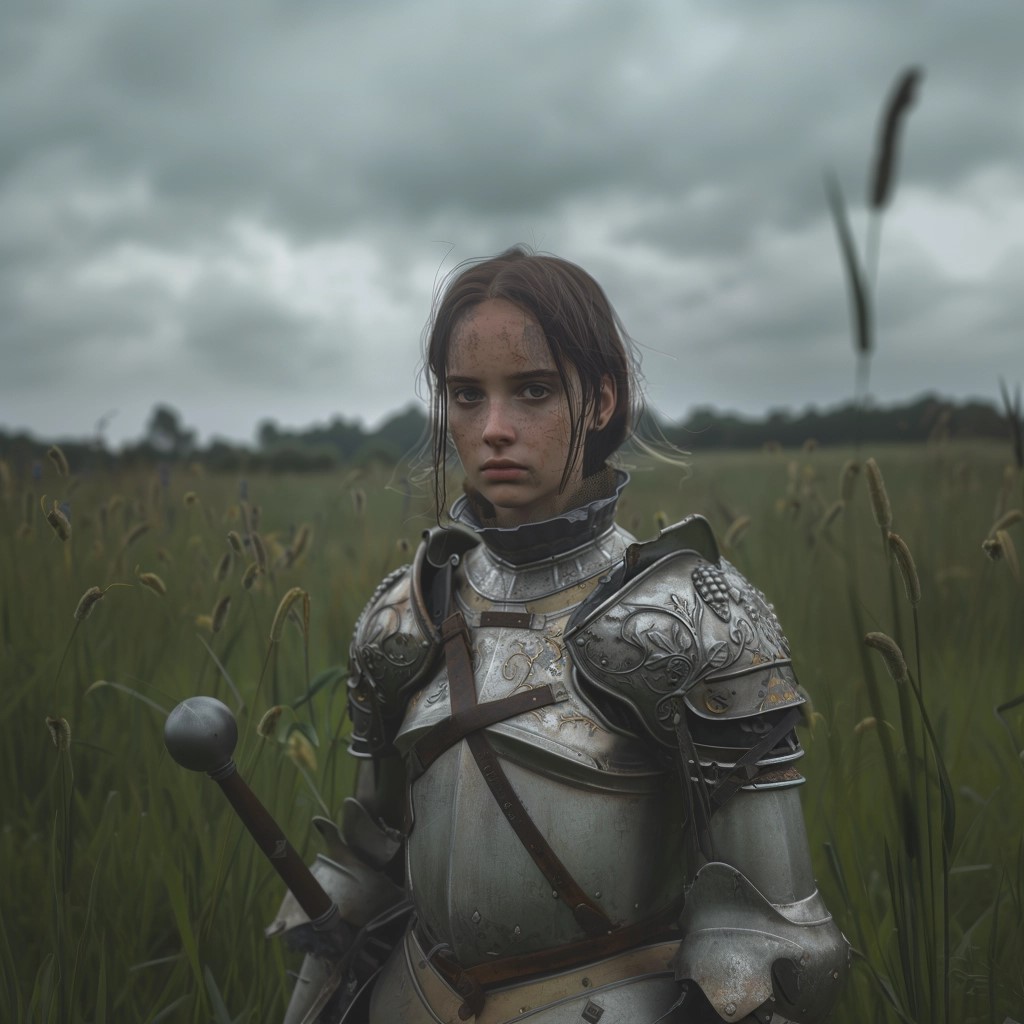صورة مولدة بالذكاء الاصطناعي: Midjourney prompt: Photo of a girl in medieval armor, subtle metal ... (نموذج Midjourney - صور شخصية)