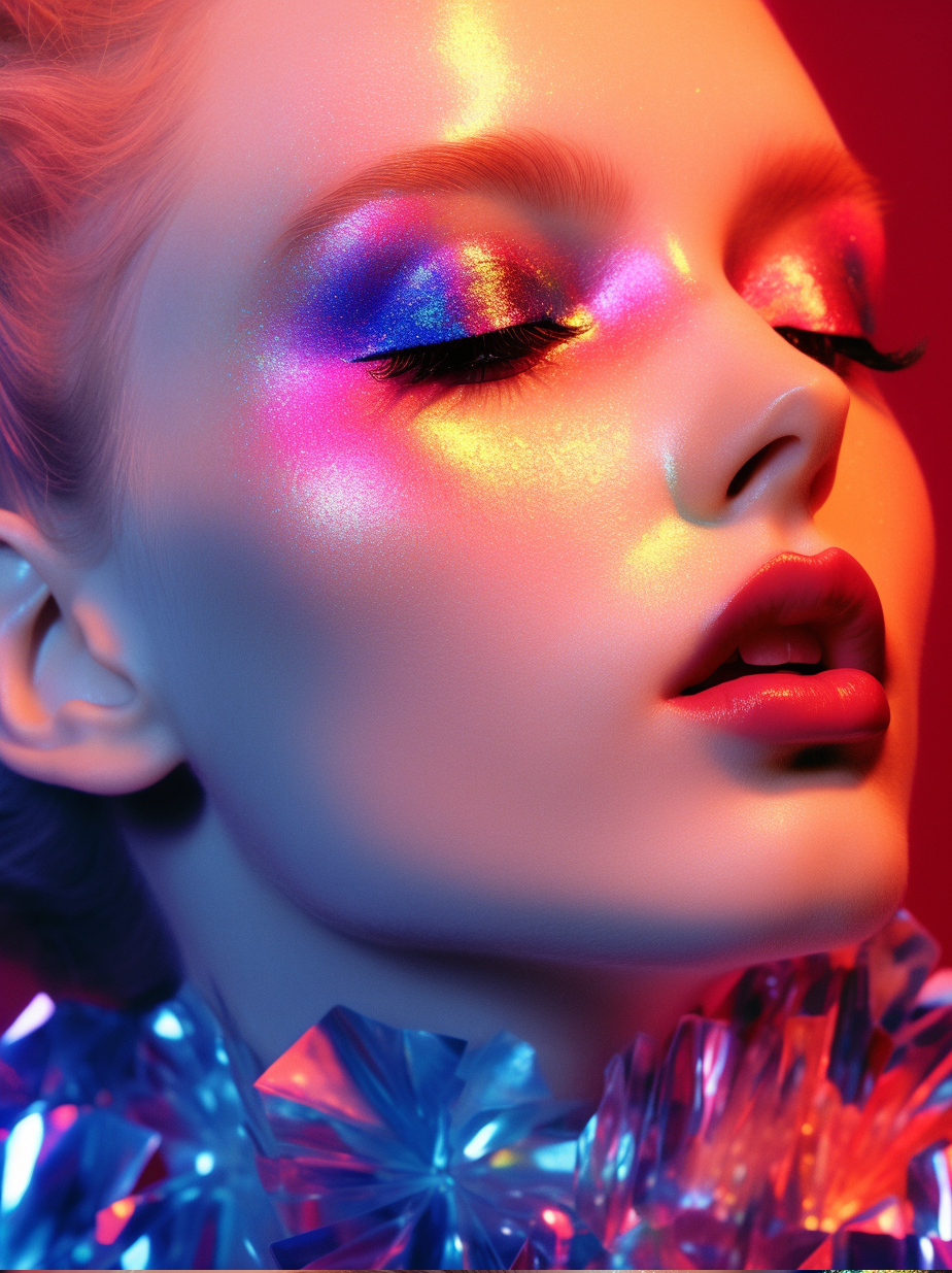 AI generated: Midjourney prompt: a close up of a woman's face with bright makeup, i... (Midjourney - Fashion)