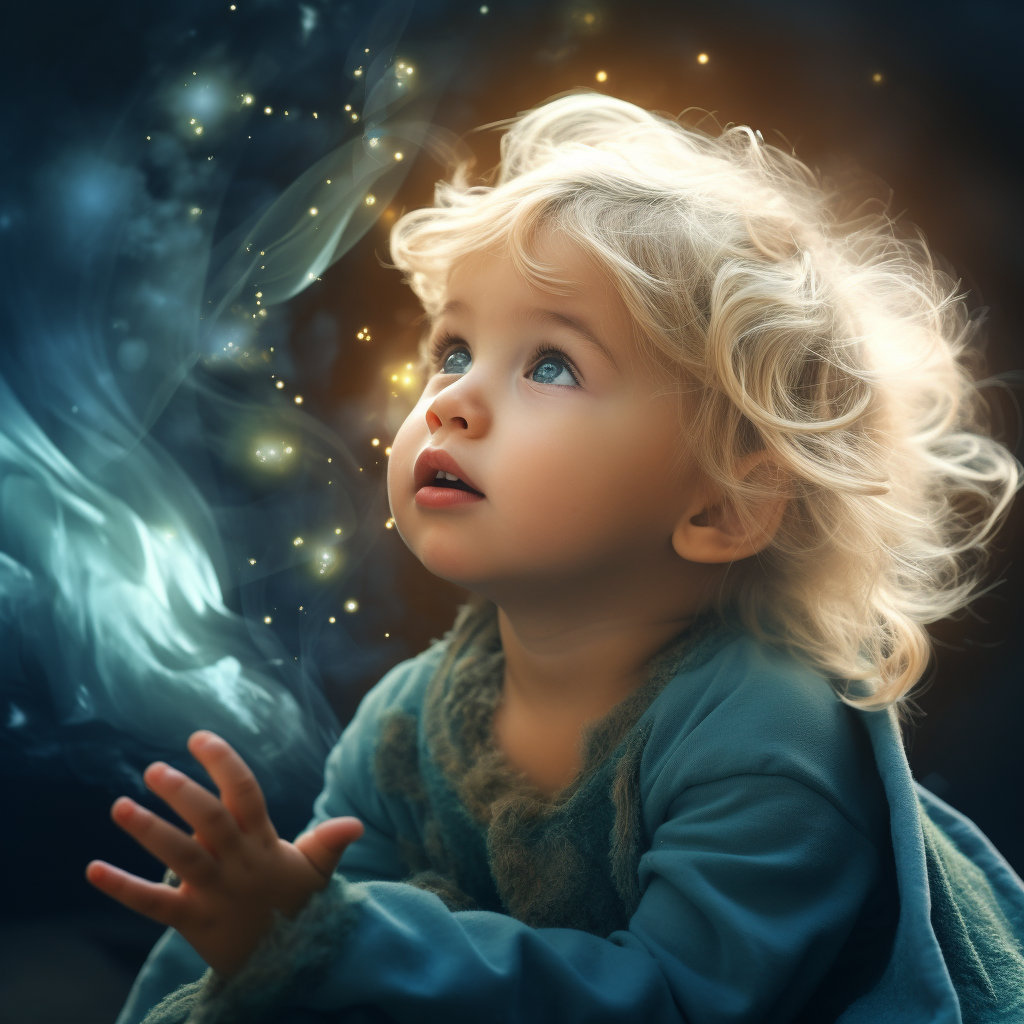 Midjourney prompt: fairy tale blond toddler with dazzling light, in t... - Midjourney