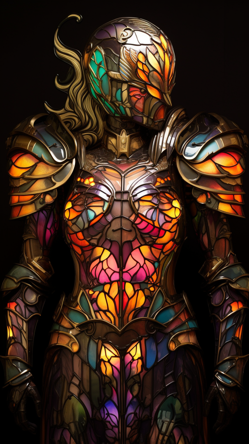 AI generated: Midjourney prompt: Female warrior, armor made from stained glass (Midjourney - Character Design)