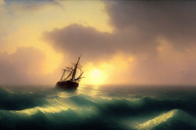 Stable Diffusion prompt: Ghost ship in the stormy sea, su...