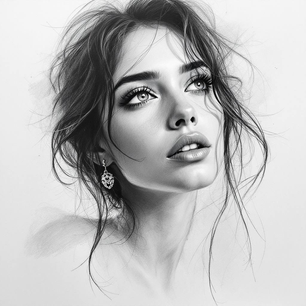 FLUX prompt: Pencil style, drawing, sketch, woman with pu...