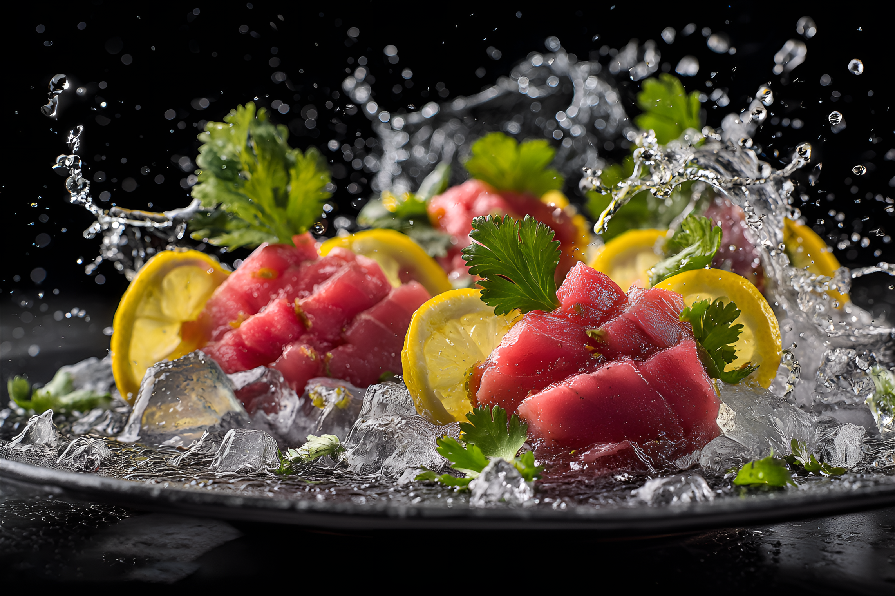 AI generated: Midjourney prompt: vibrant fresh sashimi slices surrounded by water ... (Midjourney - Concept Art)