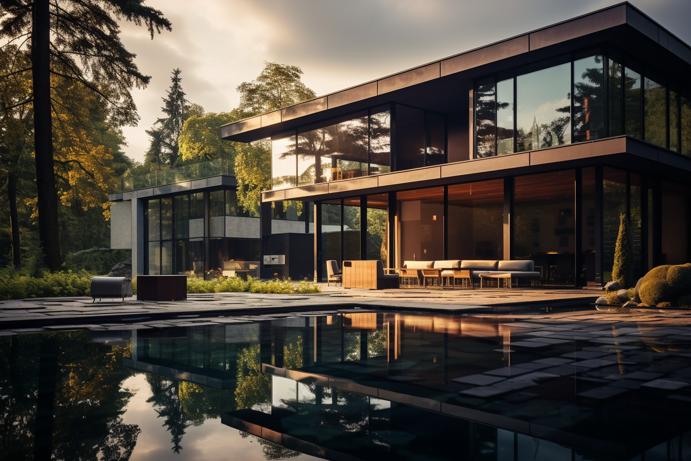 صورة مولدة بالذكاء الاصطناعي: Midjourney prompt: modern house in poland, sunny daylight, in the sty... (نموذج Midjourney - عمارة وتصميم)