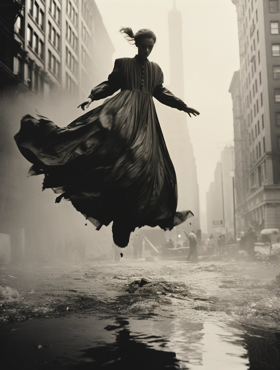 AI generated: Midjourney prompt: vintage photo of a model jumping over a puddle in ... (Midjourney - Fashion)