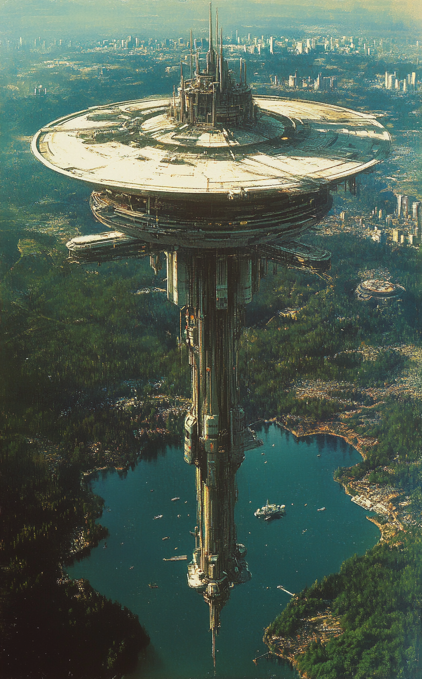 AI generated: Midjourney prompt: A large, spire-like space station floating above t... (Midjourney - Concept Art)