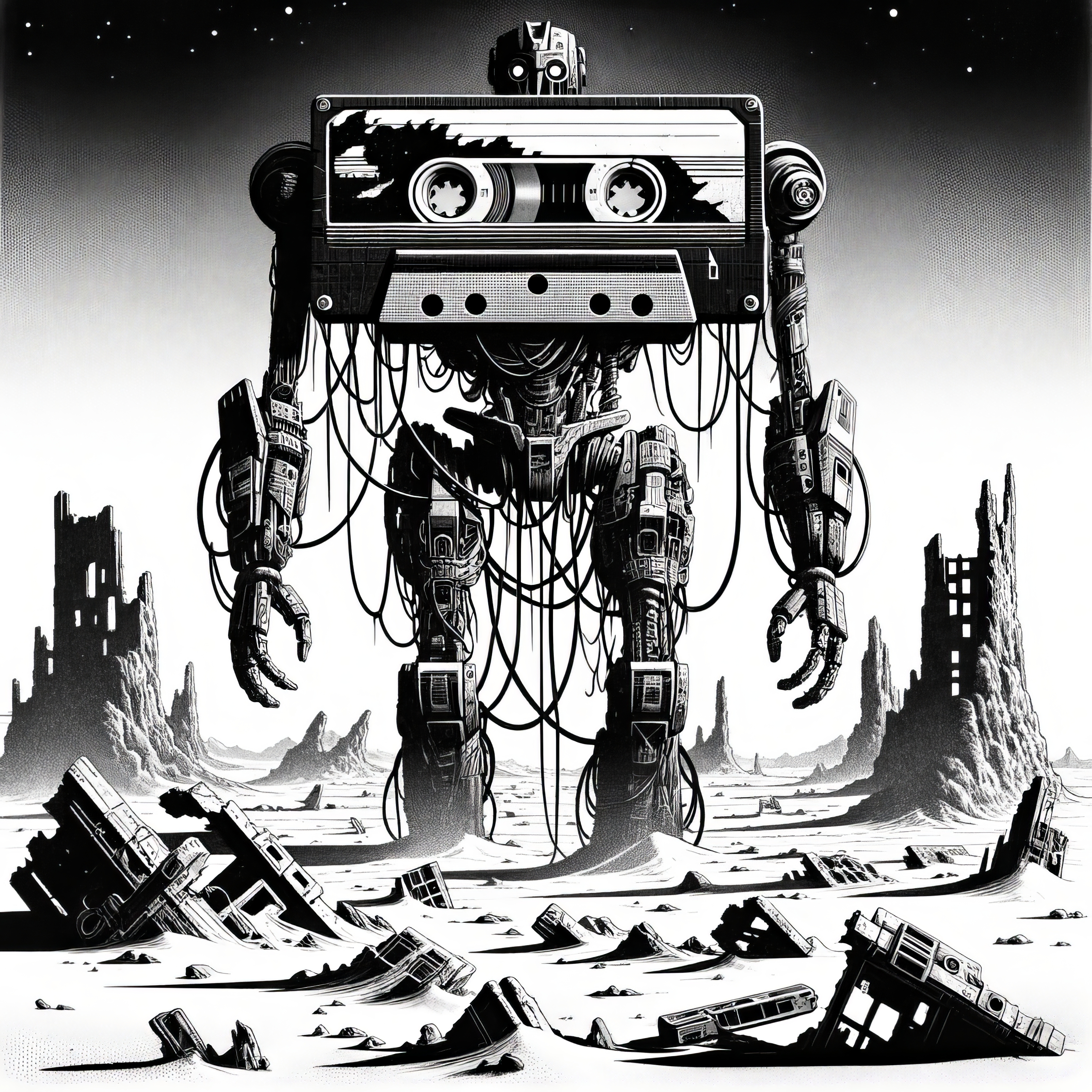 صورة مولدة بالذكاء الاصطناعي: DALL·E prompt: A black and white illustration of an apocalyptic d... (نموذج DALL·E - مناظر طبيعية)