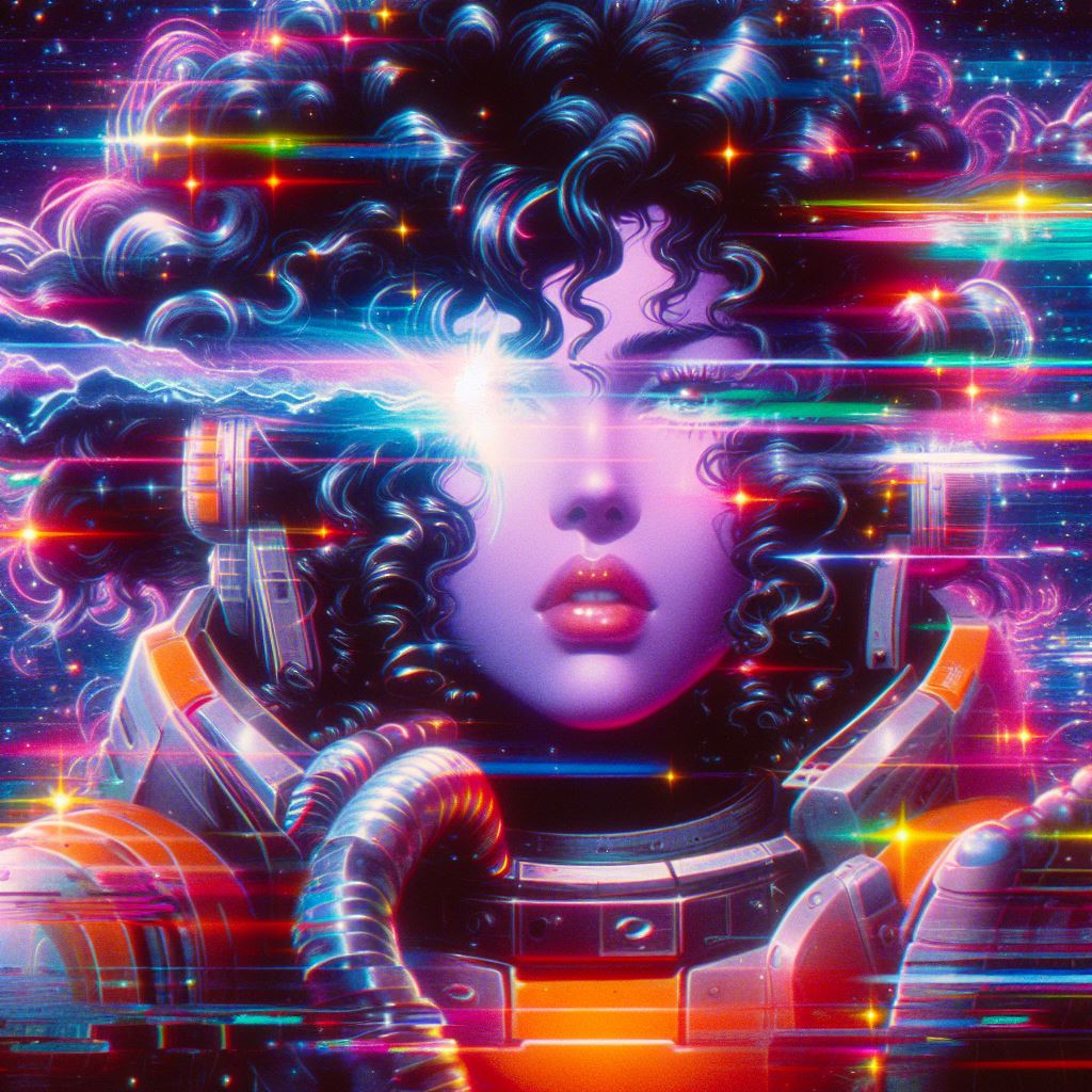AI generated: DALL·E prompt: 80's sci fi anime, Female warrior with curly long ... (DALL·E - Anime)
