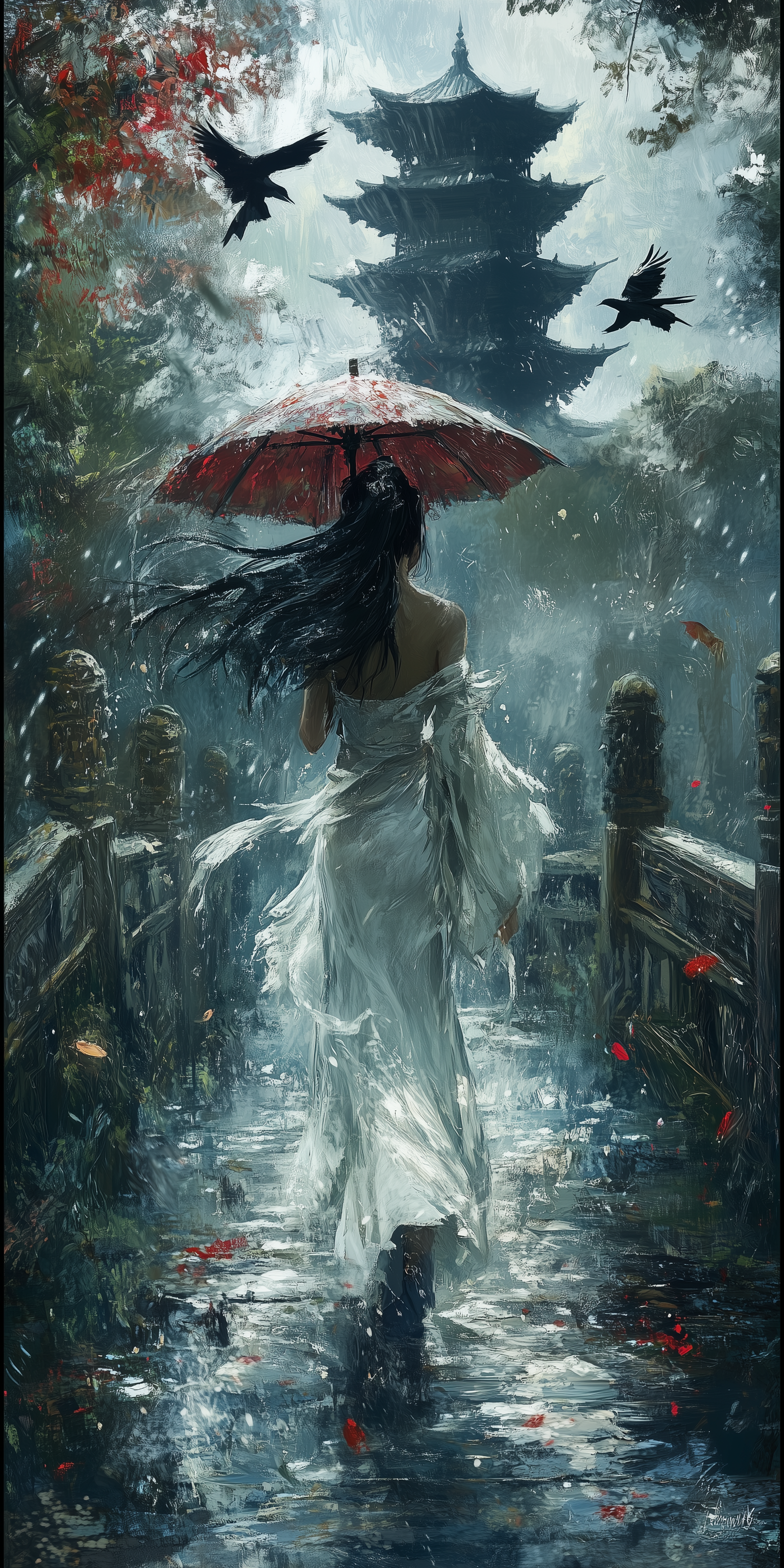 صورة مولدة بالذكاء الاصطناعي: Midjourney prompt: A girl in a white dress holding an umbrella, her h... (نموذج Midjourney - صور شخصية)