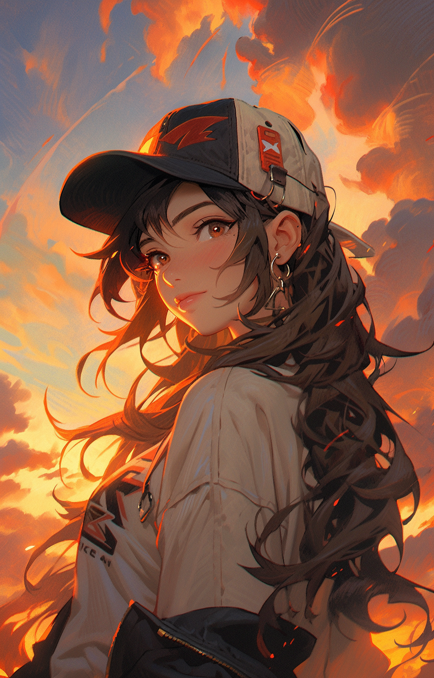 AI generated: Midjourney prompt: a girl standing in front of some fiery clouds, in ... (Midjourney - Anime)