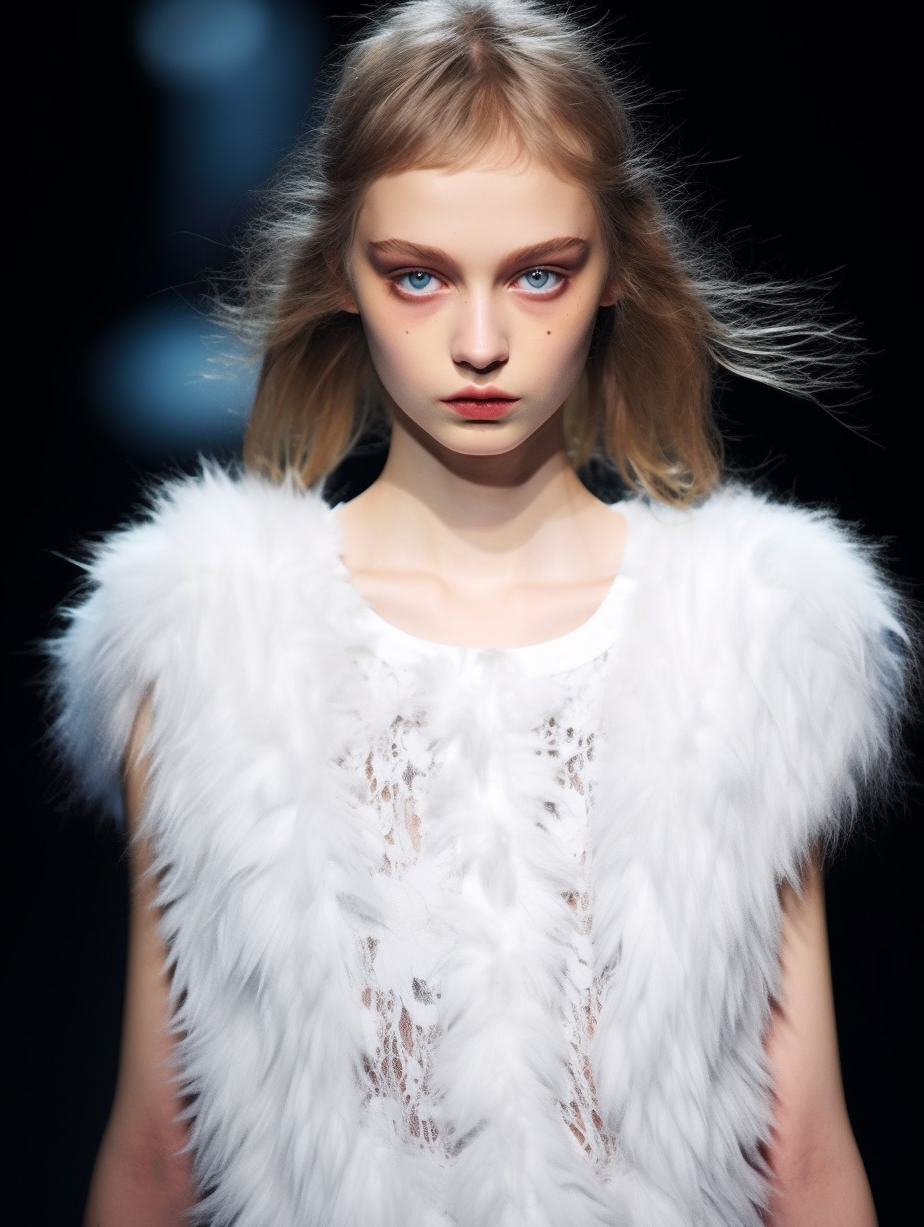 Midjourney prompt: a woman in a white dress on a runway, intricate he... - Midjourney
