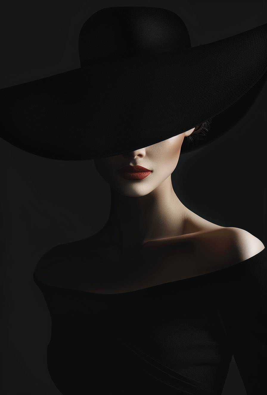 Midjourney prompt: a woman in a black dress is wearing a big hat to t... - Midjourney