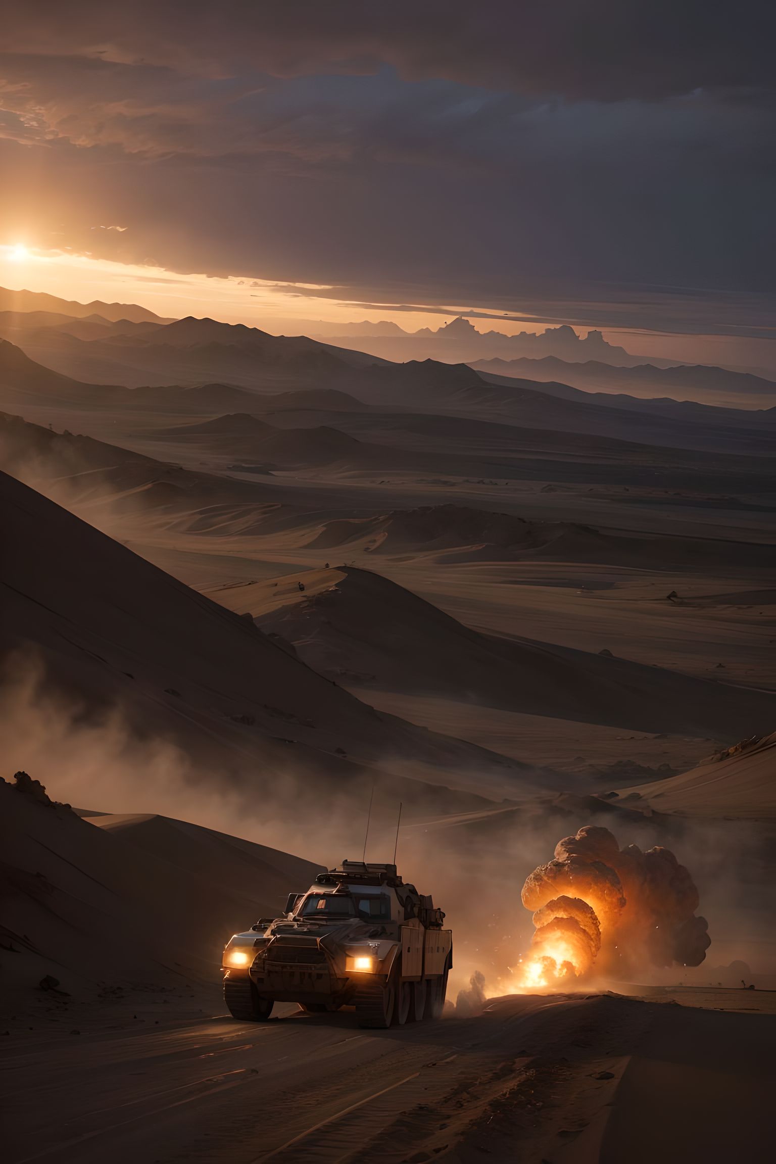 AI generated: Stable Diffusion prompt: Battlefield, wartime desert landscape, sunset clas... (Stable Diffusion - Landscapes)