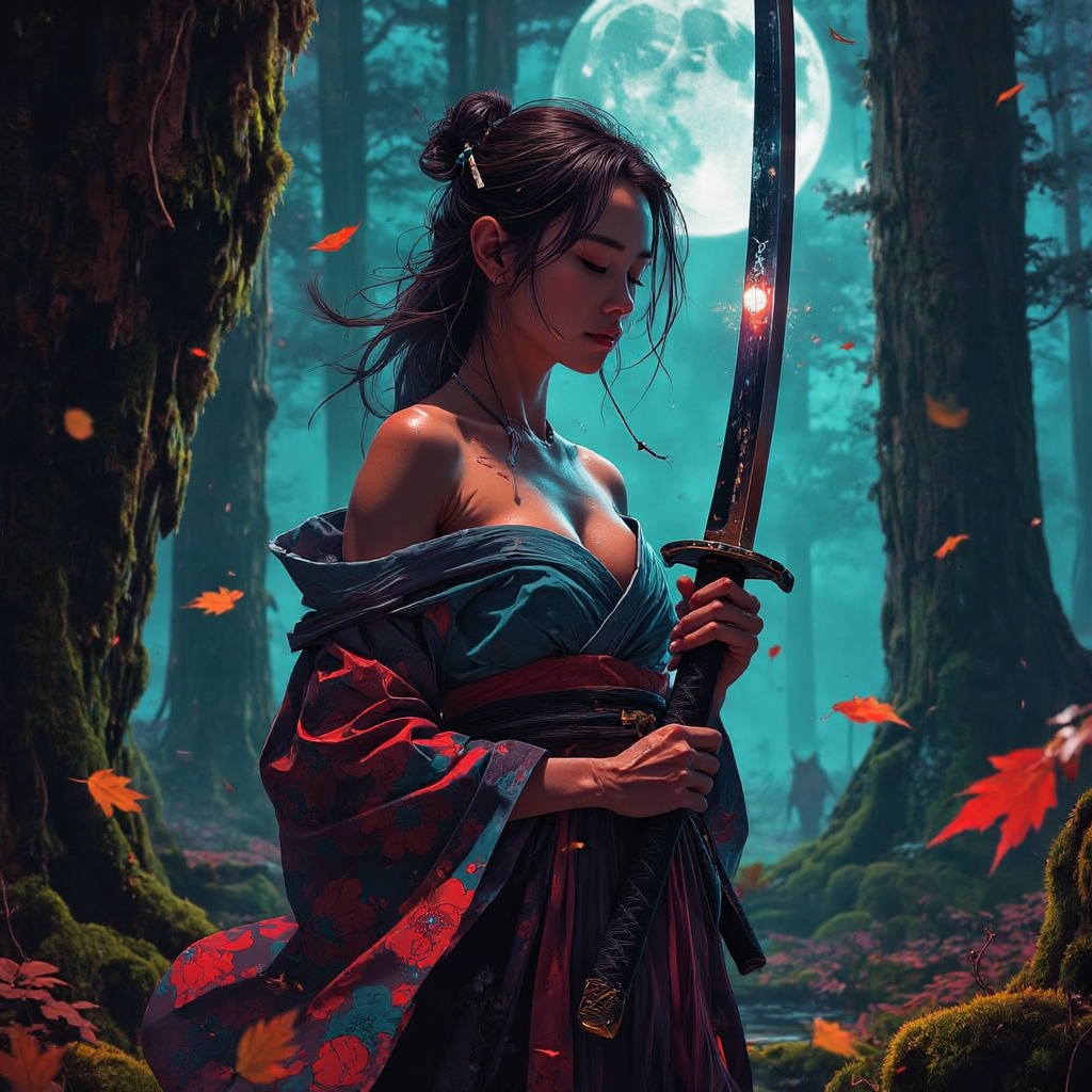 صورة مولدة بالذكاء الاصطناعي: FLUX prompt: A serene yet intense scene in a dense, ancient for... (نموذج FLUX - Character Design)