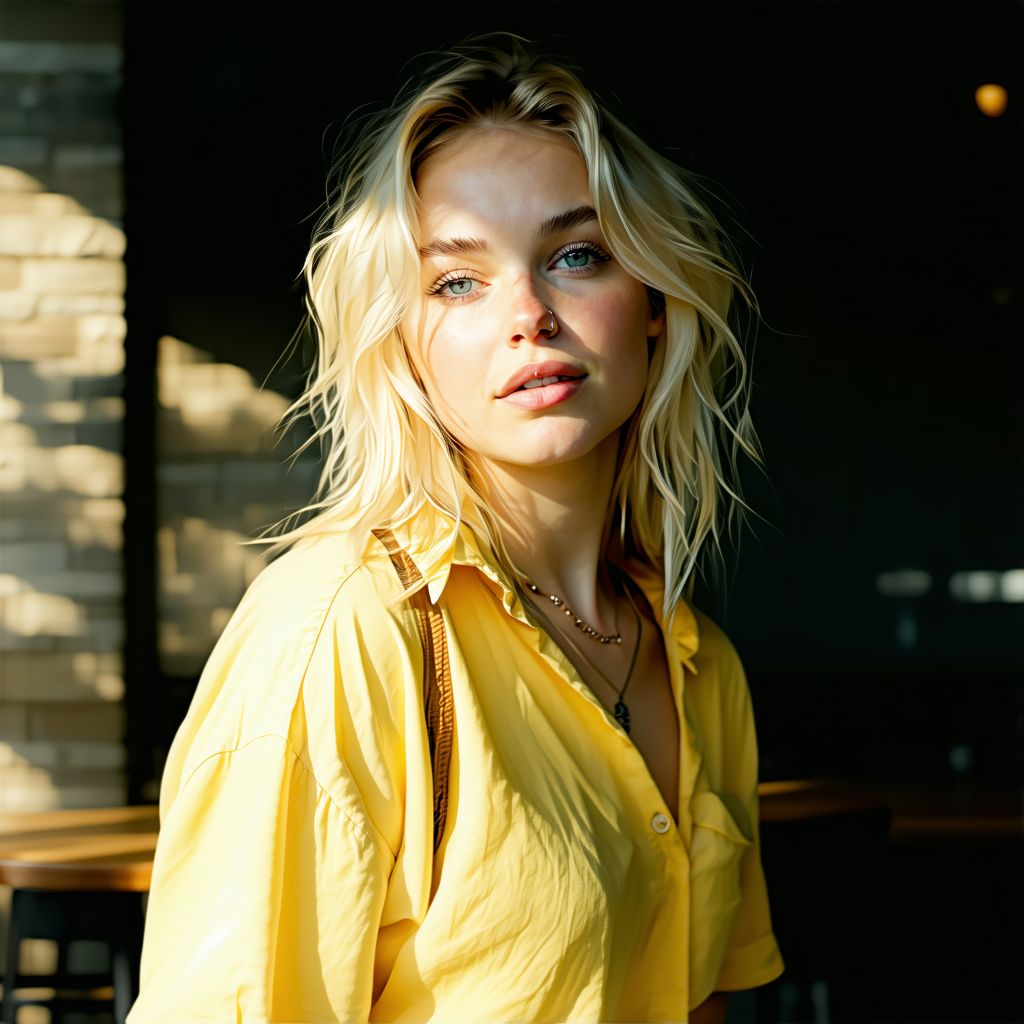 AI generated: Stable Diffusion prompt: blond girl in a yellow shirt is posing, soft, atmo... (Stable Diffusion - Portraits)
